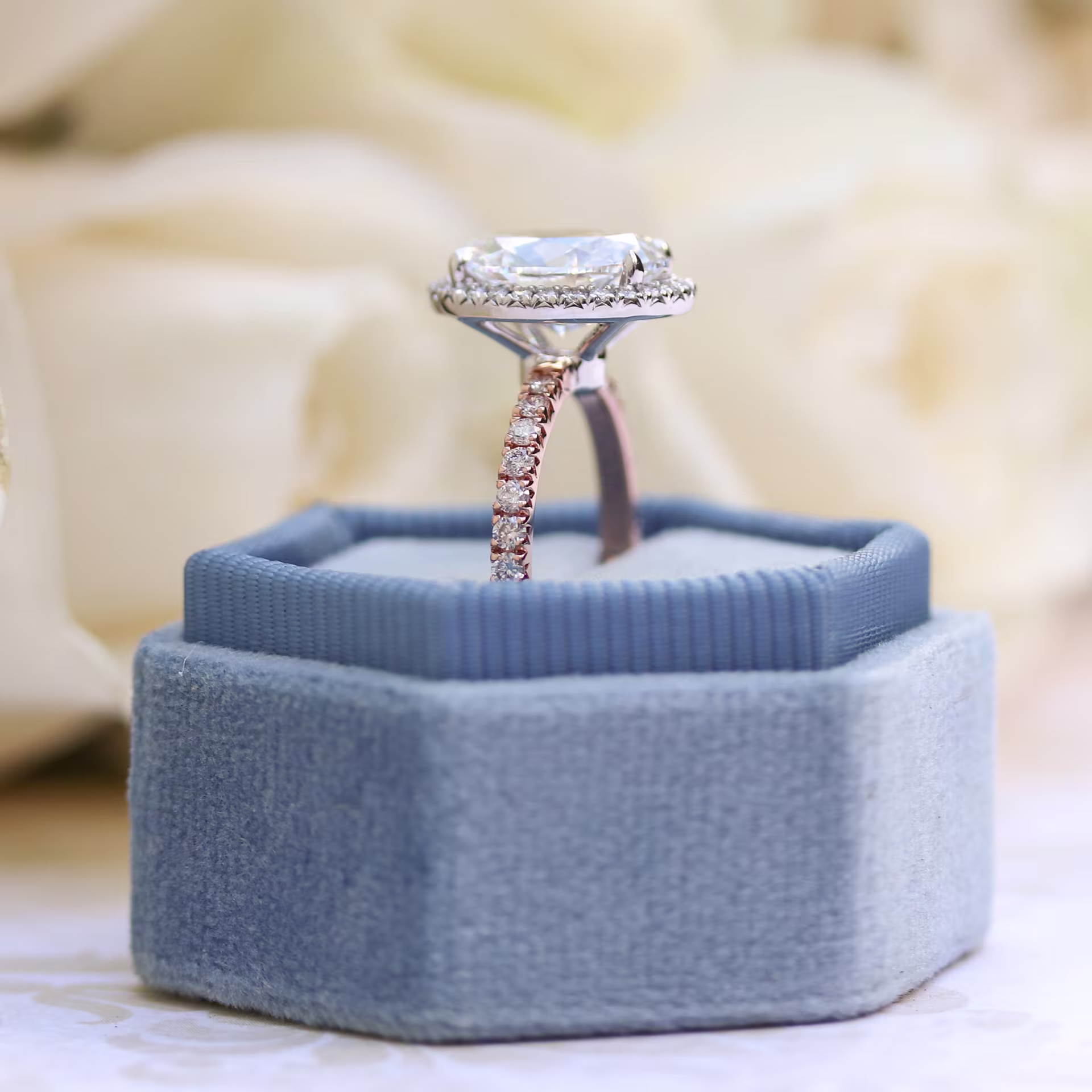 14k White and Rose Gold Three Carat Custom Oval Halo Engagement Ring with Lab Diamonds Ada Diamonds Design Number 179 Profile View