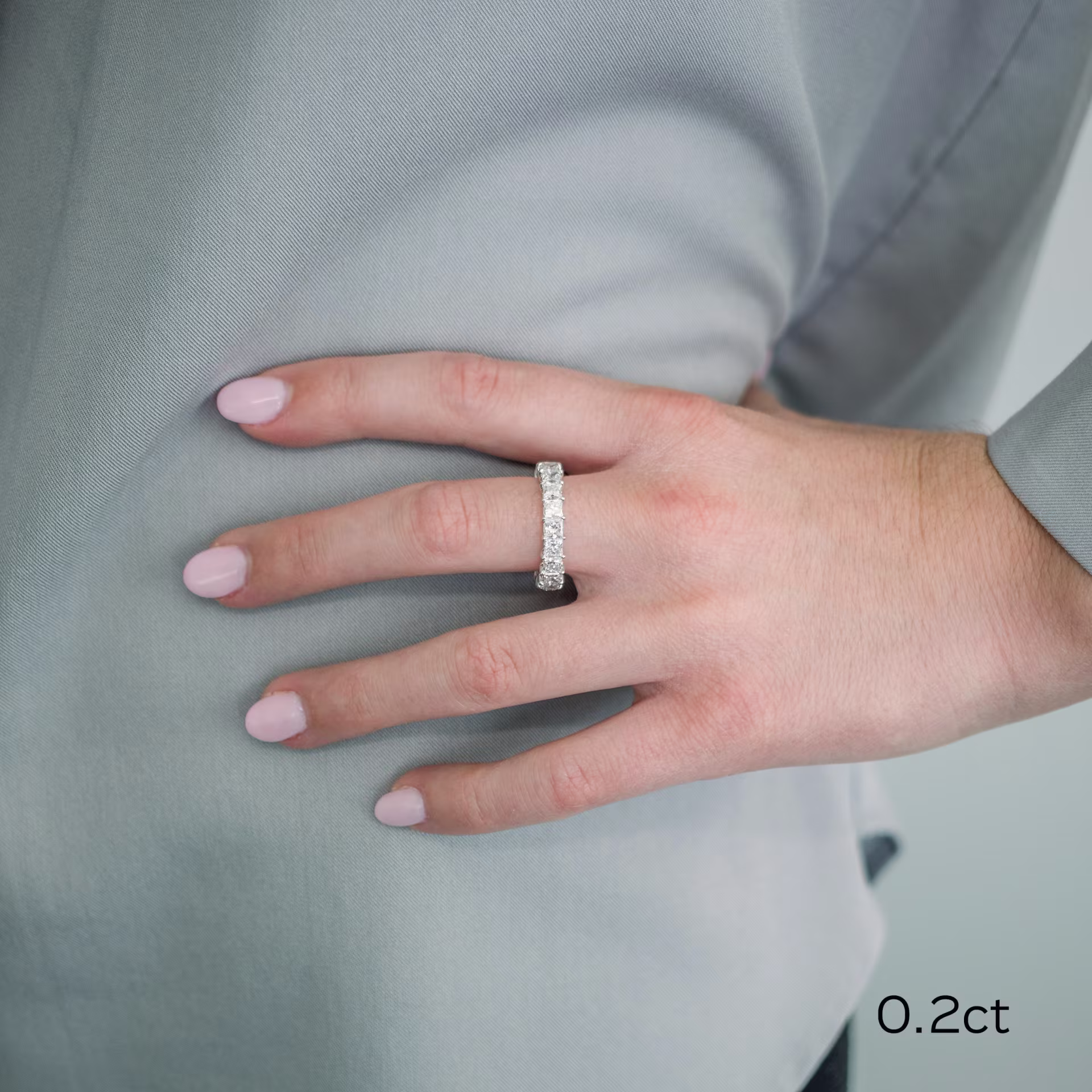 18k white gold princess cut eternity band with laboratory grown diamonds ada diamonds design ad 194 on model