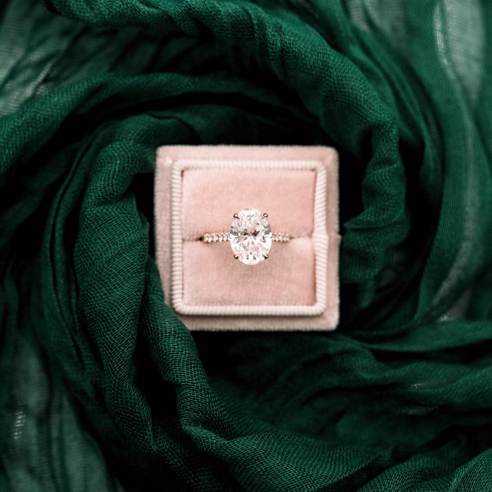 14k Rose Gold Oval Cathedral Pavé Engagement Ring with Hidden Halo Featuring Lab Diamonds Ada Diamonds Design AD190 Profile View in Box