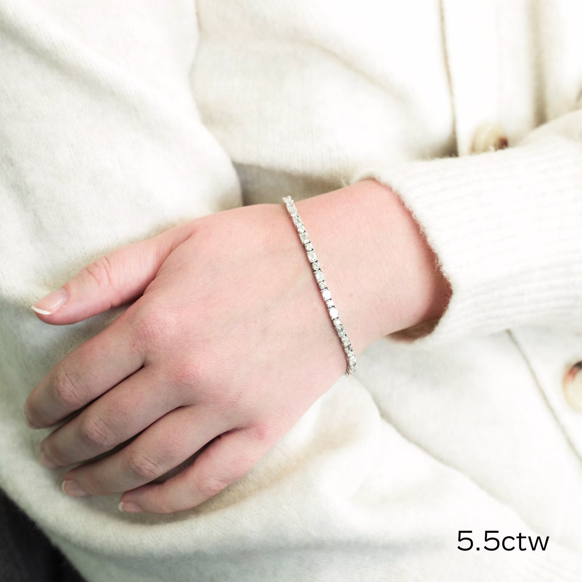 18k white gold emerald cut and round lab diamond tennis bracelet ada diamonds design ad 265 on model