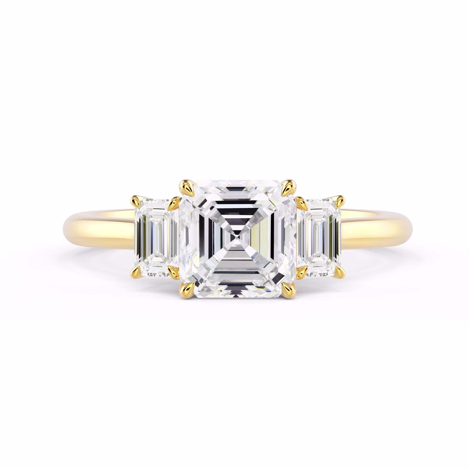 Yellow Gold Asscher and Emerald Diamond Engagement Ring featuring Hand Selected Synthetic Diamonds (Main View)