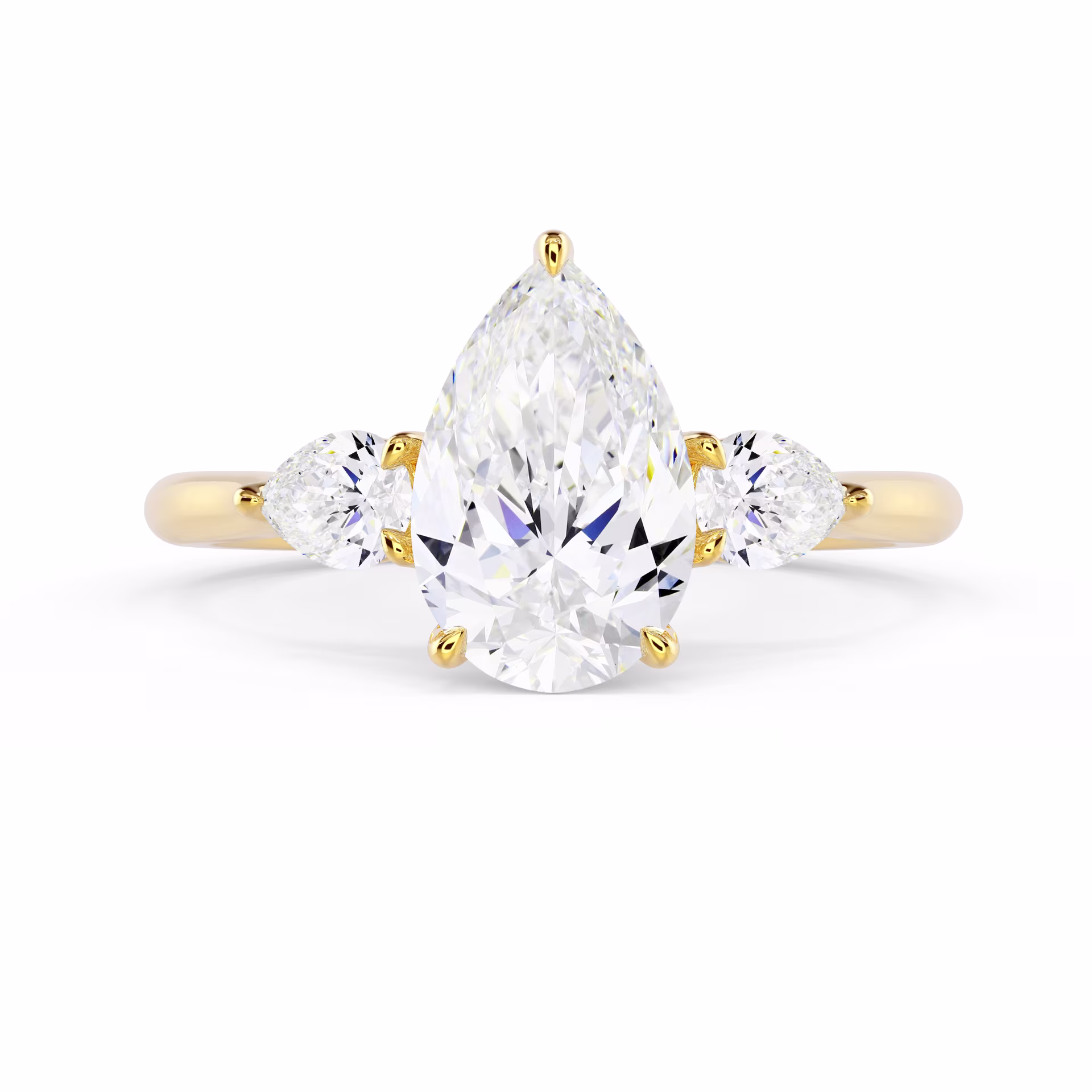 Exceptional Quality Diamonds set in Yellow Gold Pear Three Stone Setting (Main View)