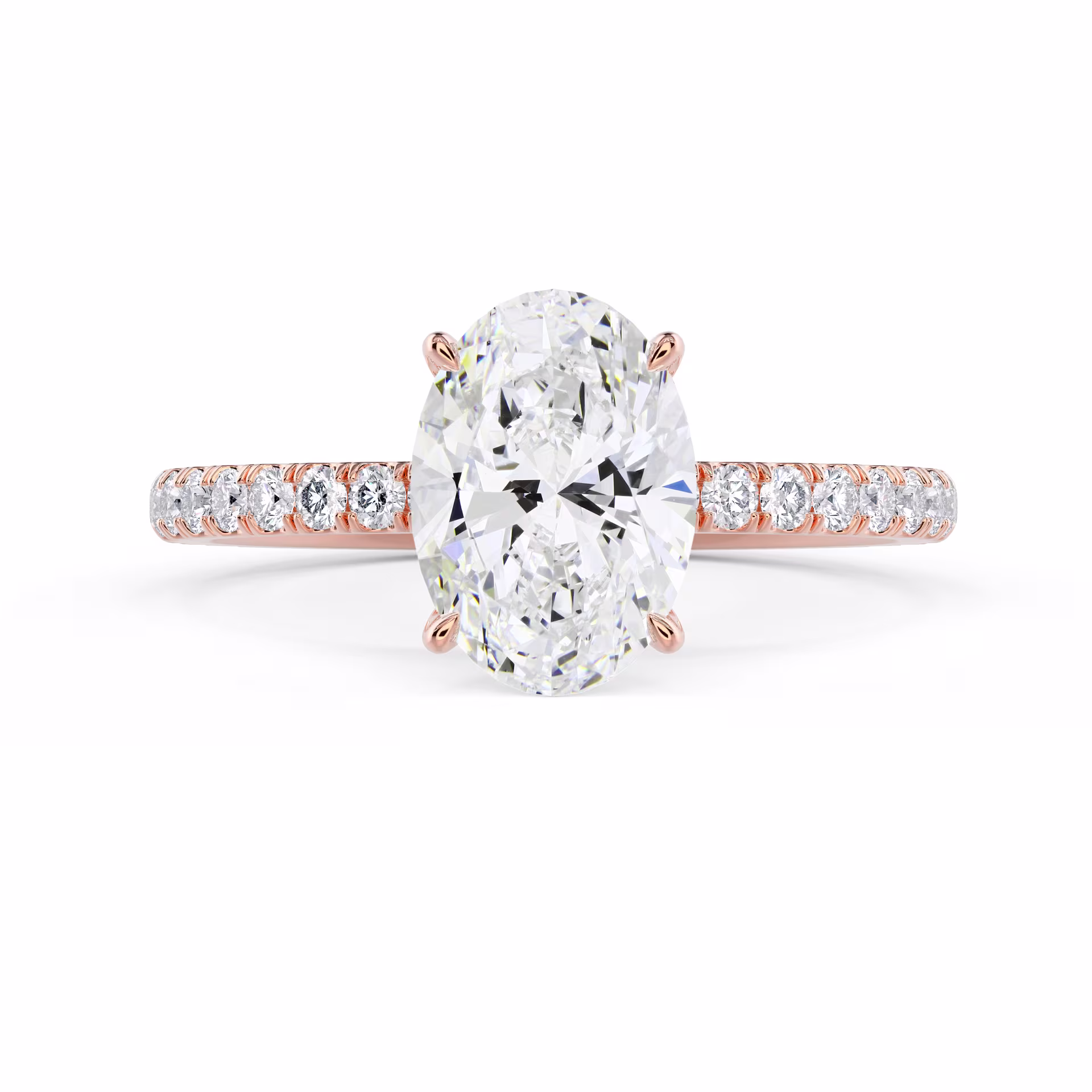 Rose Gold Oval Classic Four Prong Pavé Diamond Engagement Ring featuring Lab Diamonds (Main View)