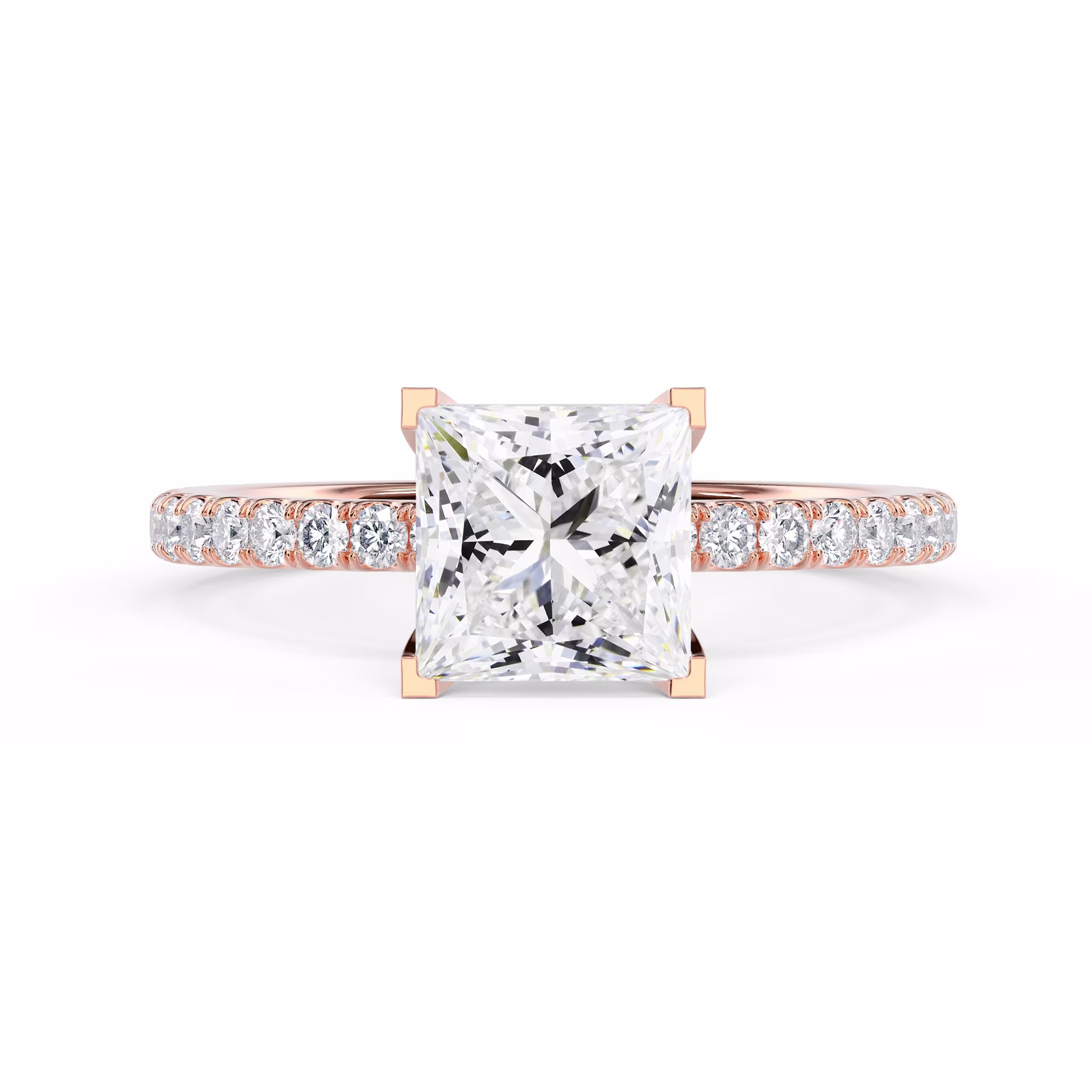 Rose Gold Princess Classic Four Prong Pavé Setting featuring Hand Selected Lab Diamonds (Main View)