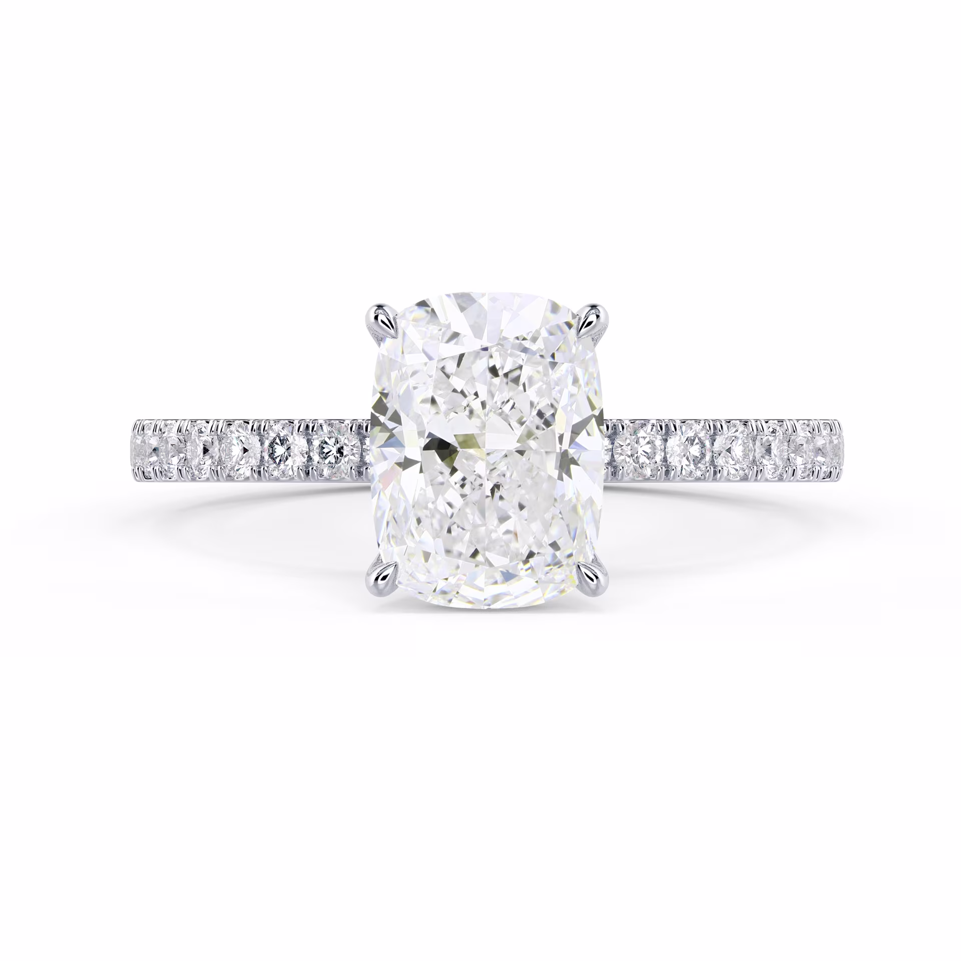 Created Diamonds Cushion Petite Four Prong Pavé Diamond Engagement Ring in White Gold (Main View)