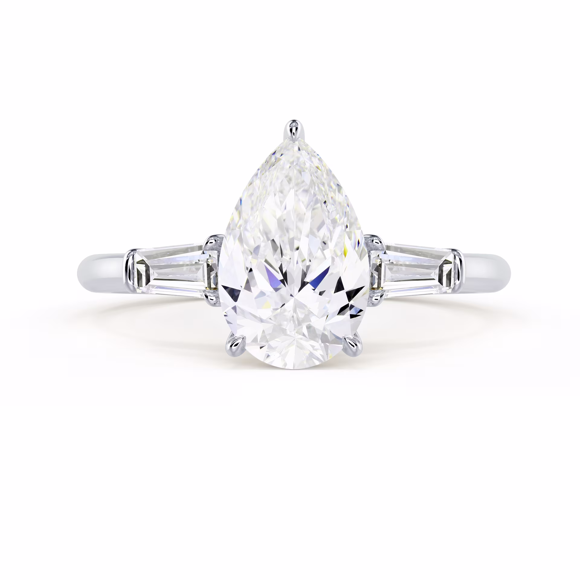 Exceptional Quality Lab Diamonds set in White Gold Pear and Baguette Diamond Engagement Ring (Main View)