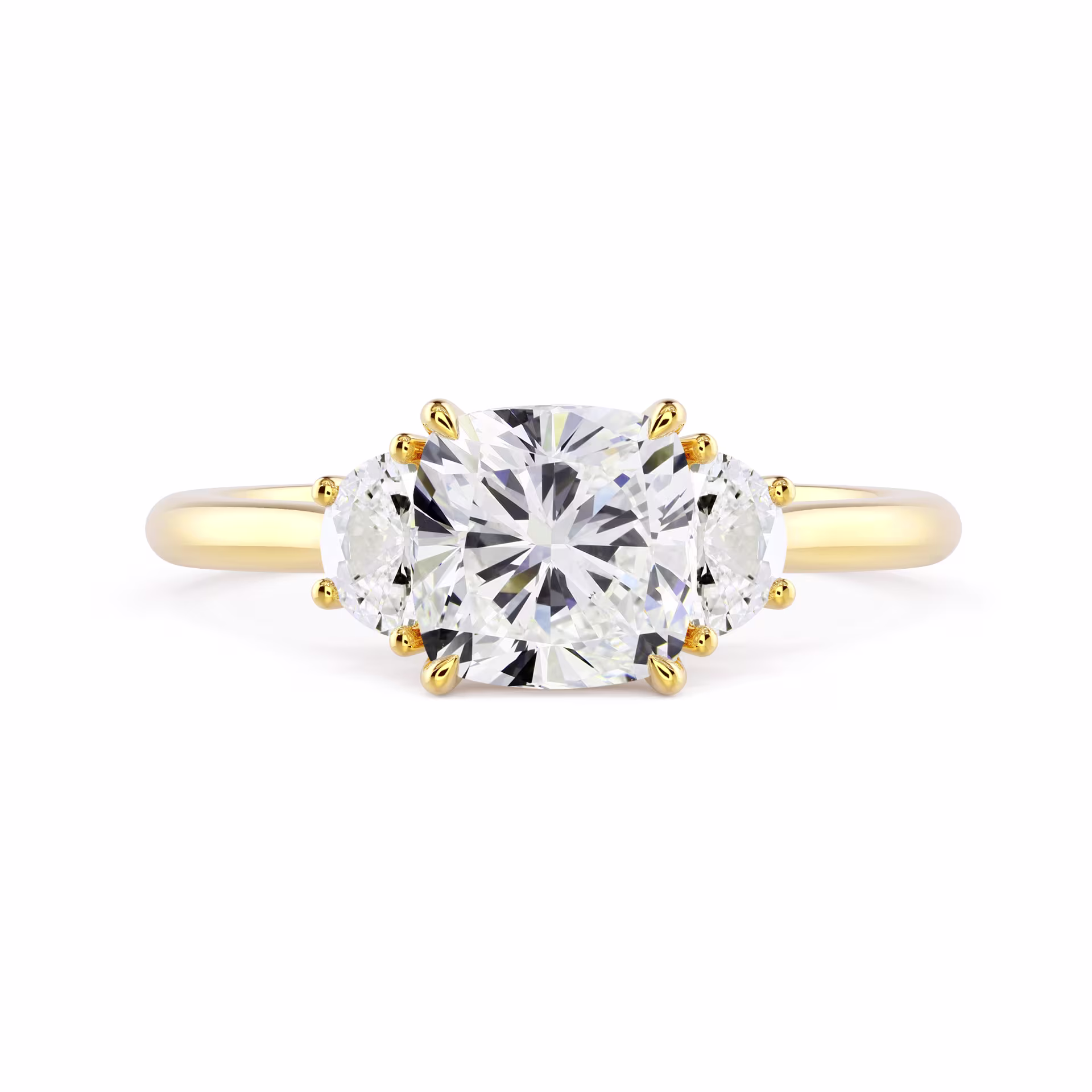 Lab Diamonds set in Yellow Gold Cushion and Half Moon Diamond Engagement Ring (Main View)
