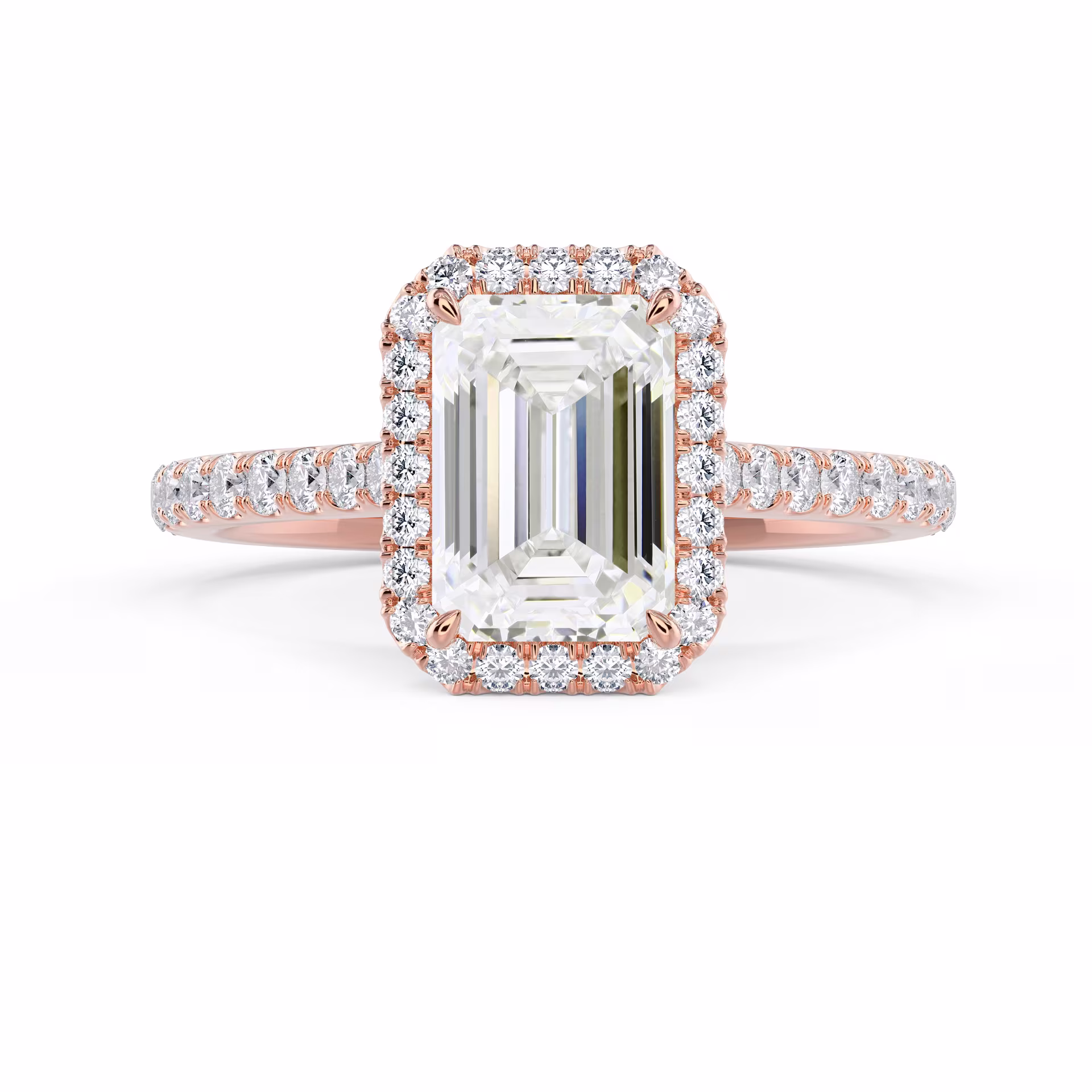 Rose Gold Emerald Halo Pavé Diamond Engagement Ring featuring Hand Selected Diamonds (Main View)