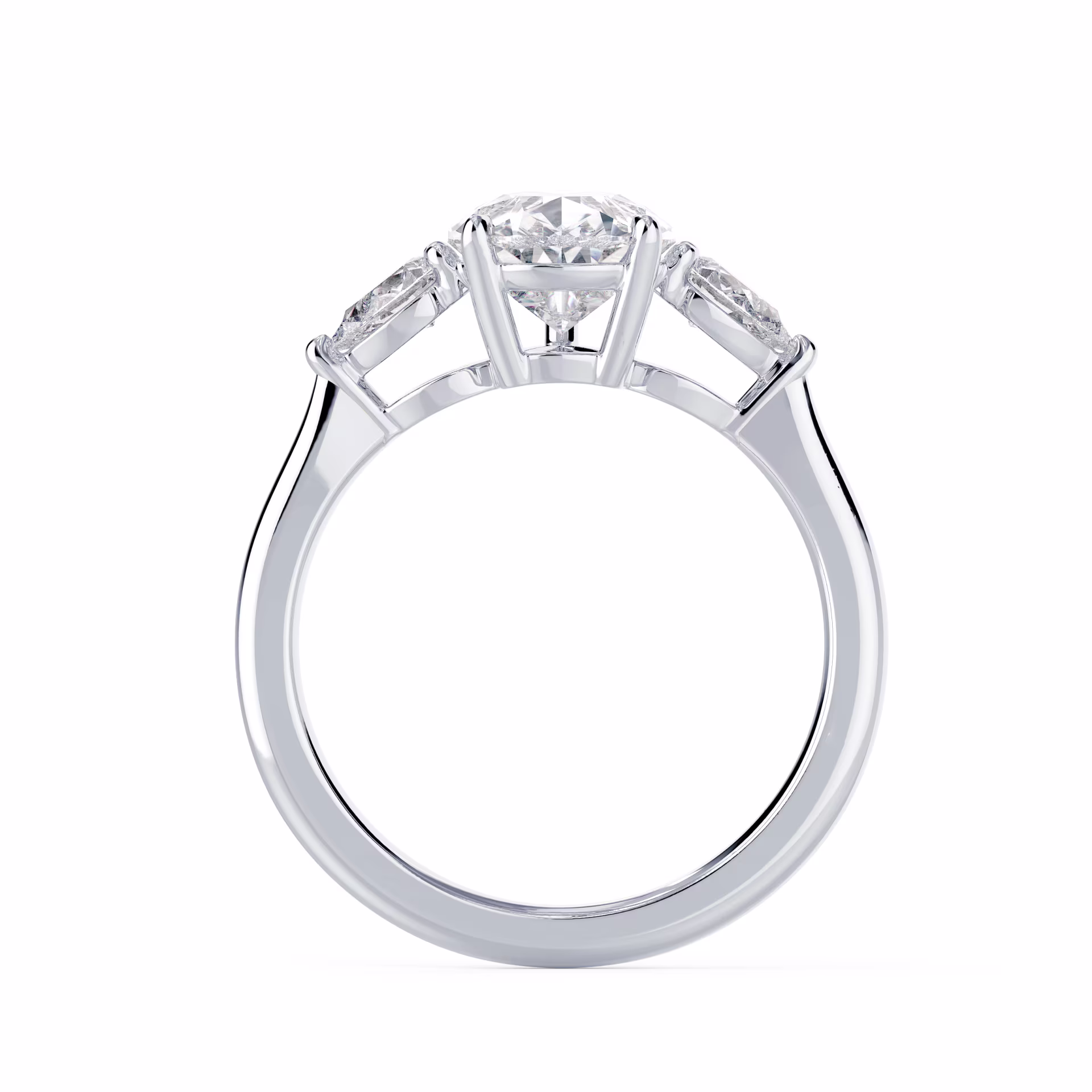 Man Made Diamonds Pear Three Stone Diamond Engagement Ring in White Gold (Profile View)