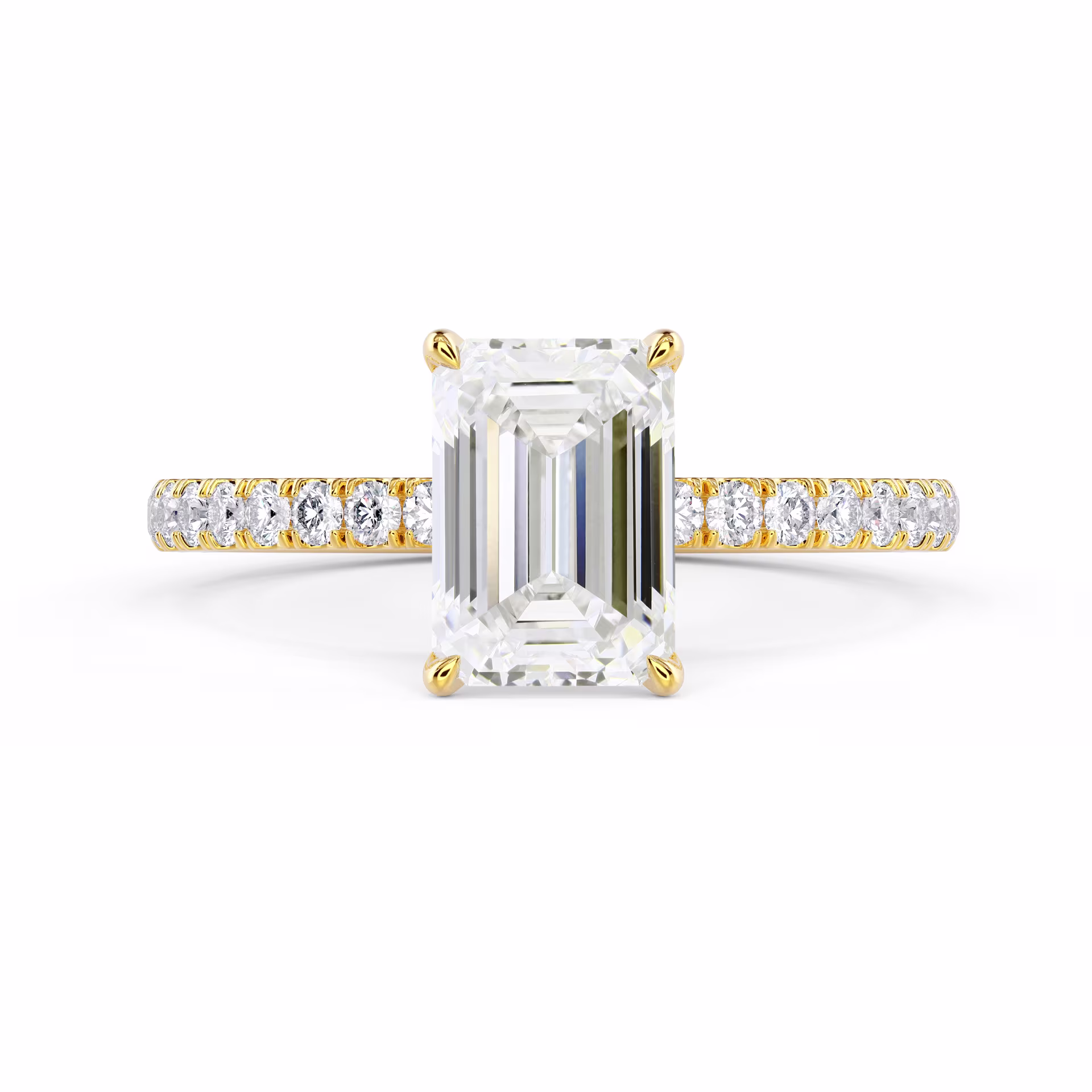 Exceptional Quality Lab Diamonds Emerald Classic Four Prong Pavé Diamond Engagement Ring in Yellow Gold (Main View)