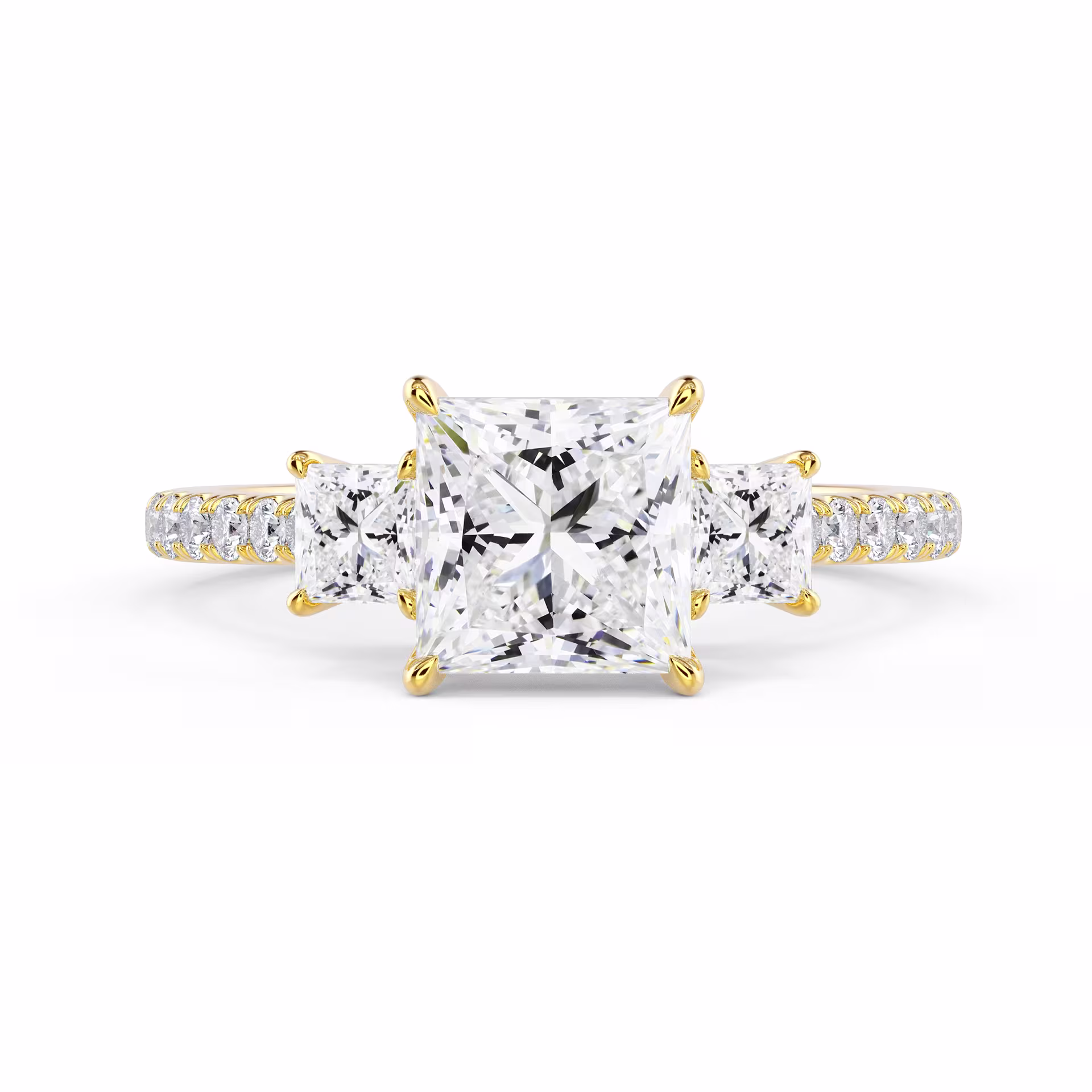 Yellow Gold Princess Three Stone Pavé Diamond Engagement Ring featuring Lab Diamonds (Main View)