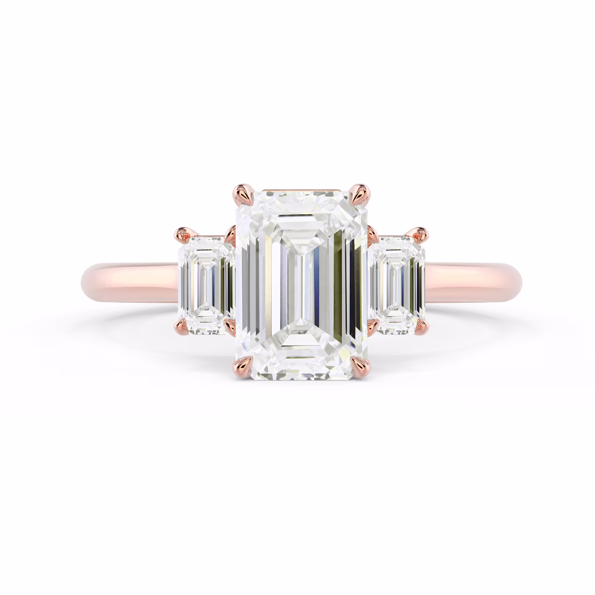 Hand Selected Diamonds set in Rose Gold Emerald Three Stone Diamond Engagement Ring (Main View)