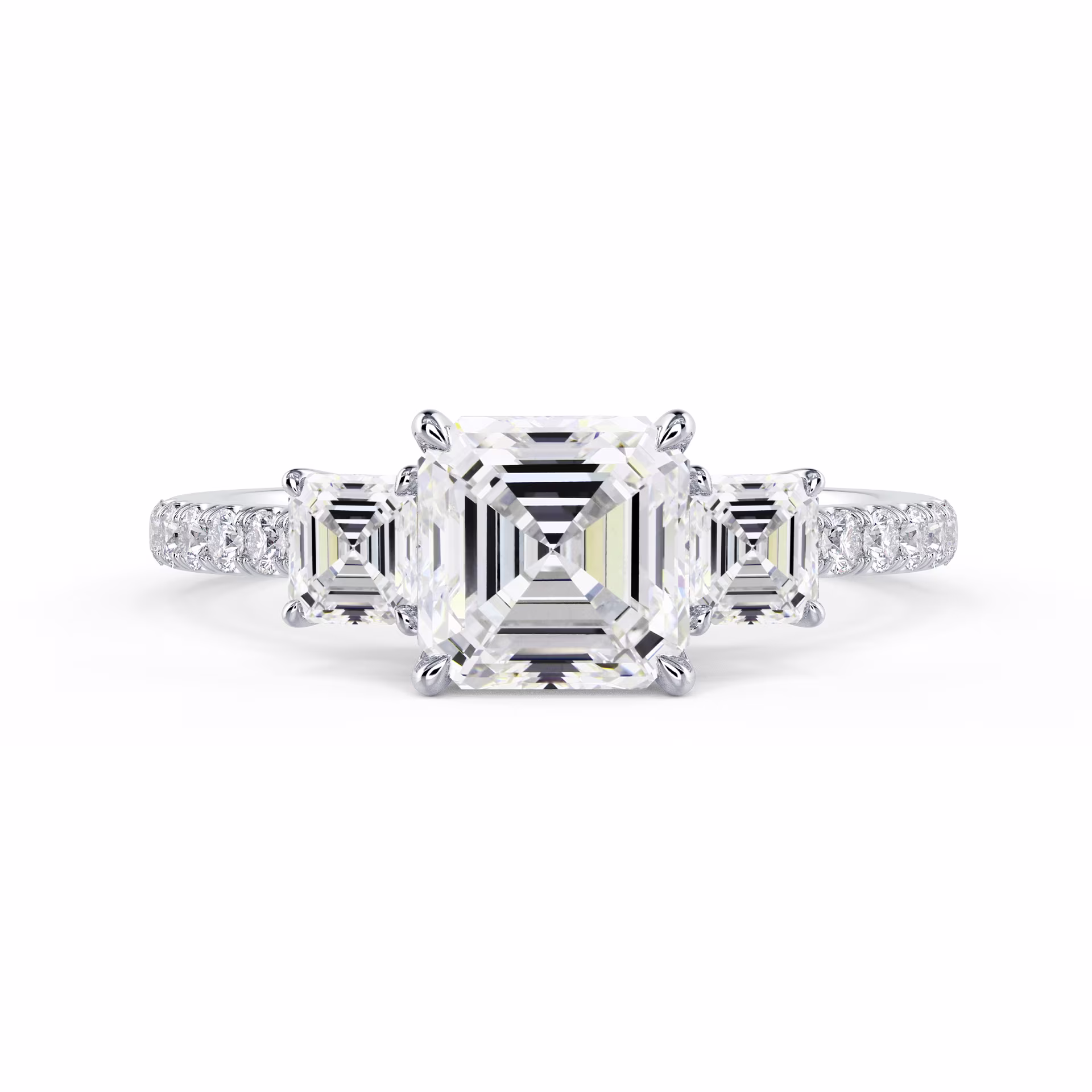 Lab Grown Diamonds Asscher Three Stone Pavé Diamond Engagement Ring in White Gold (Main View)