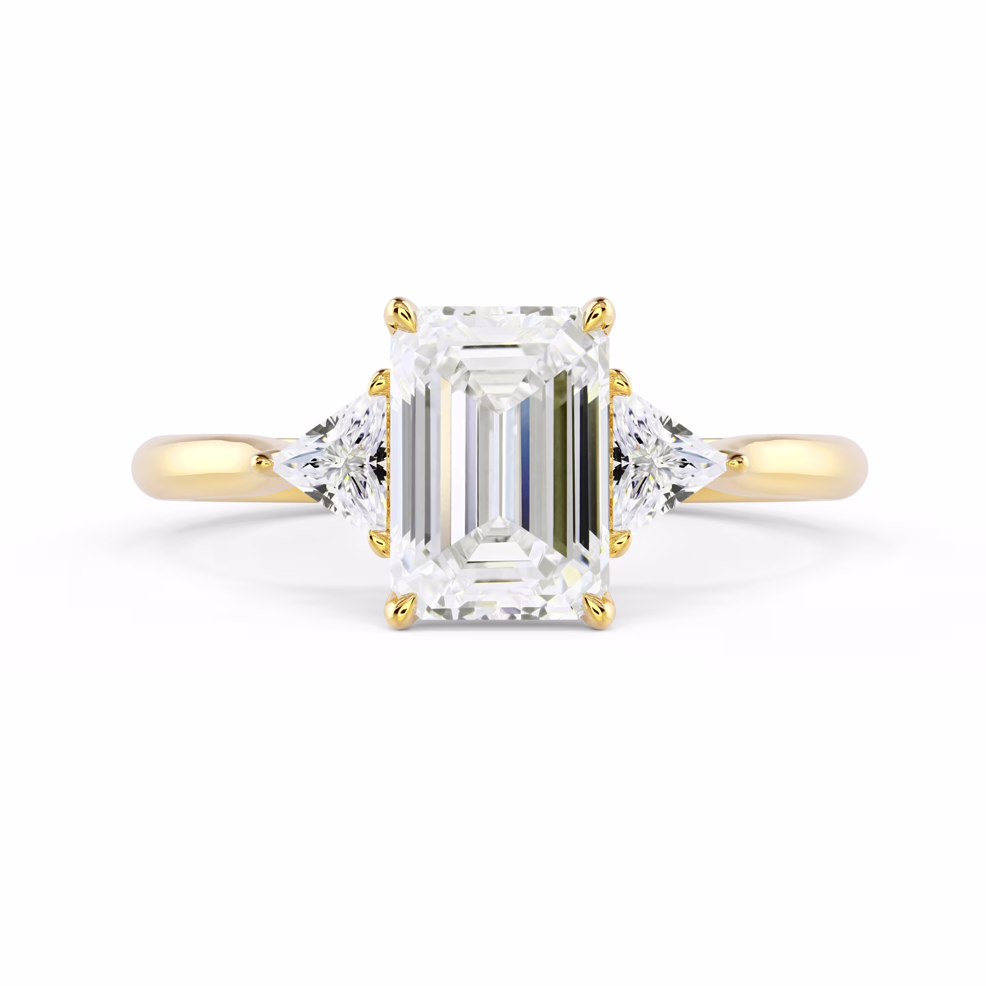 Yellow Gold Emerald and Trillion Diamond Engagement Ring featuring Lab Diamonds (Main View)