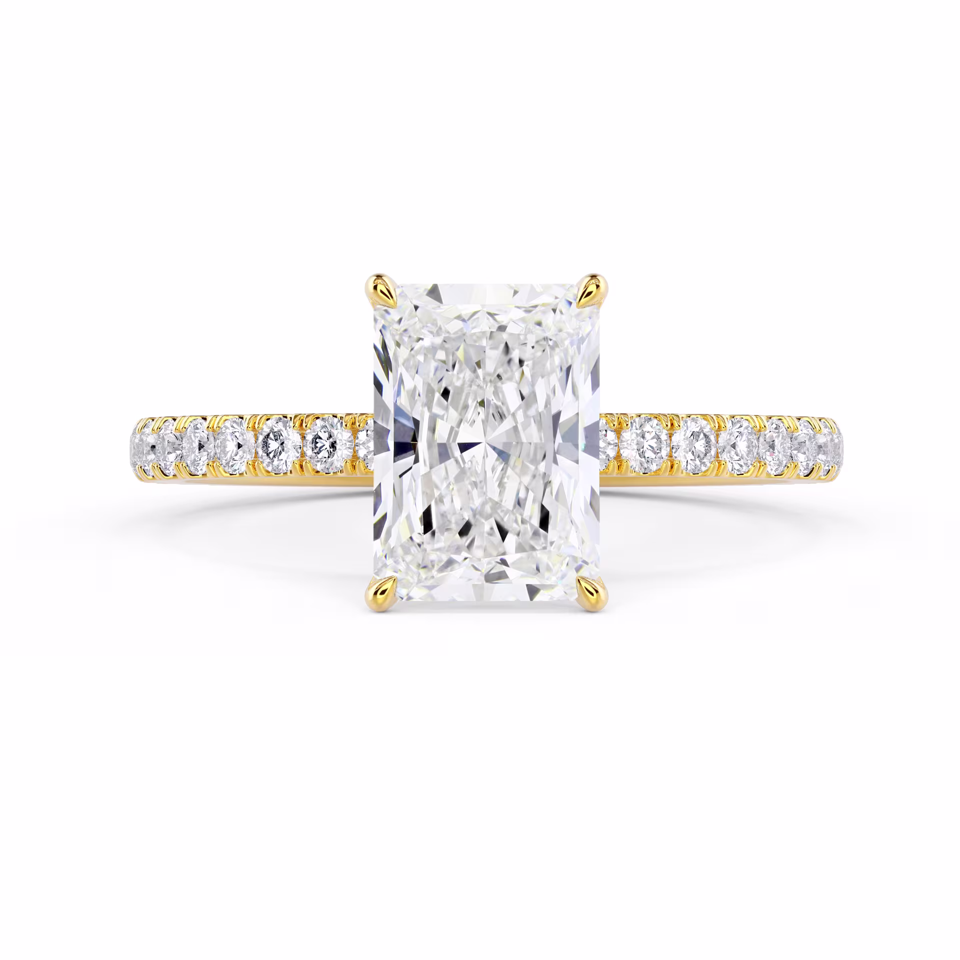 Exceptional Quality Diamonds set in Yellow Gold Radiant Classic Four Prong Pavé Setting (Main View)