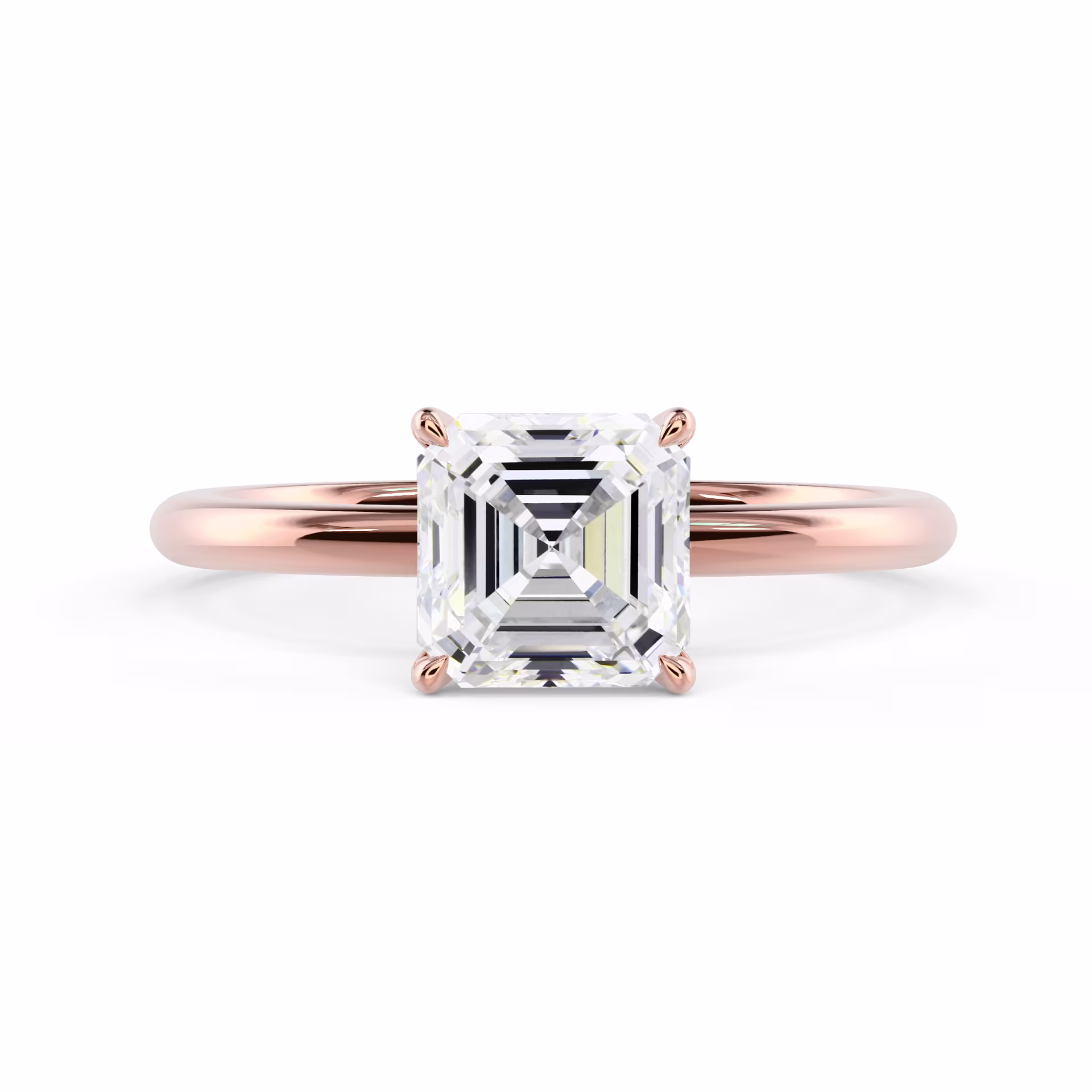 Hand Selected Synthetic Diamonds set in Rose Gold Asscher Petite Four Prong Solitaire Diamond Engagement Ring (Main View)