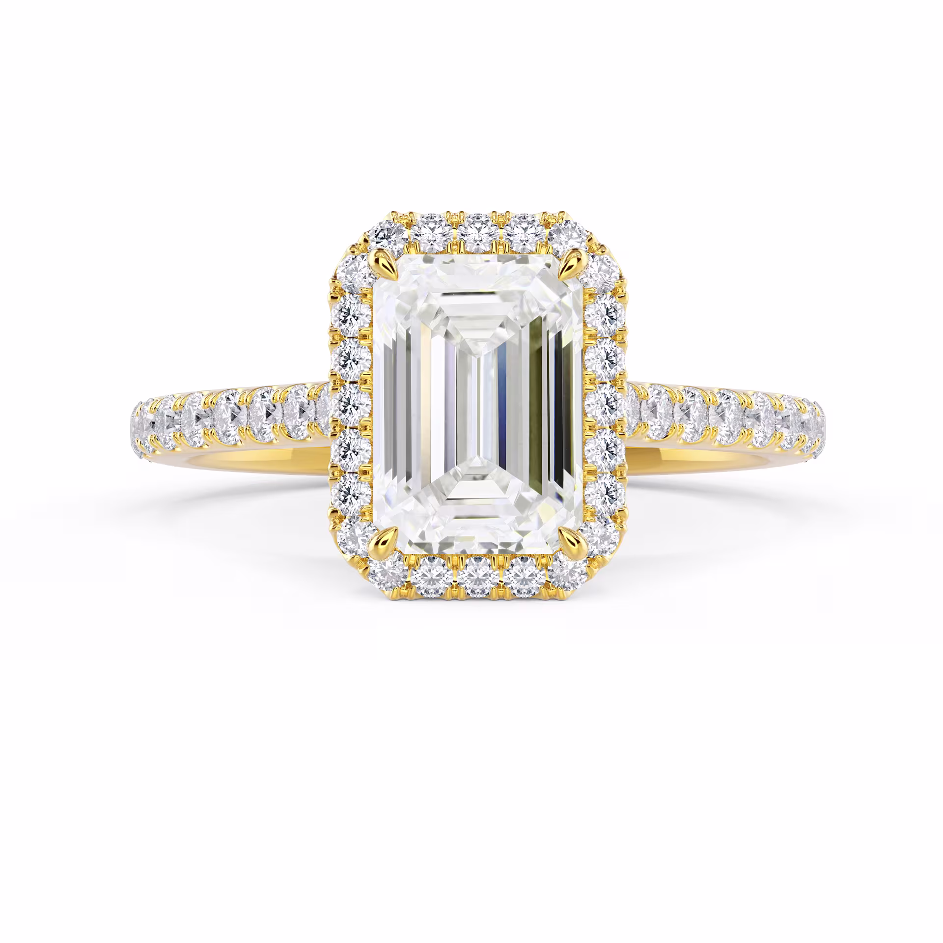 Diamonds set in Yellow Gold Emerald Halo Pavé Diamond Engagement Ring (Main View)