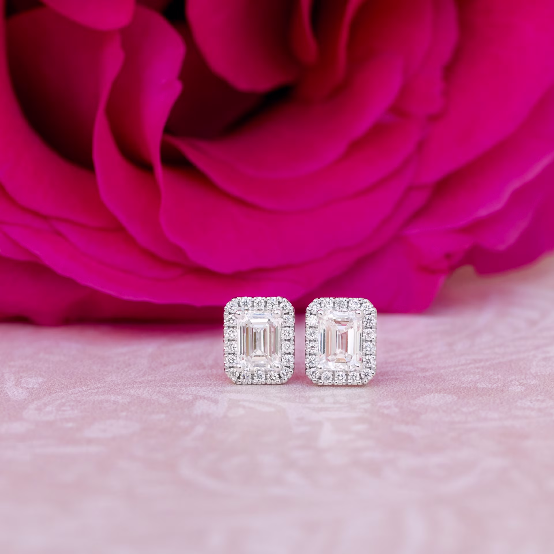 Lab Diamonds set in 14k White Gold Halo Emerald Cut Diamond Stud Earrings (Main View)