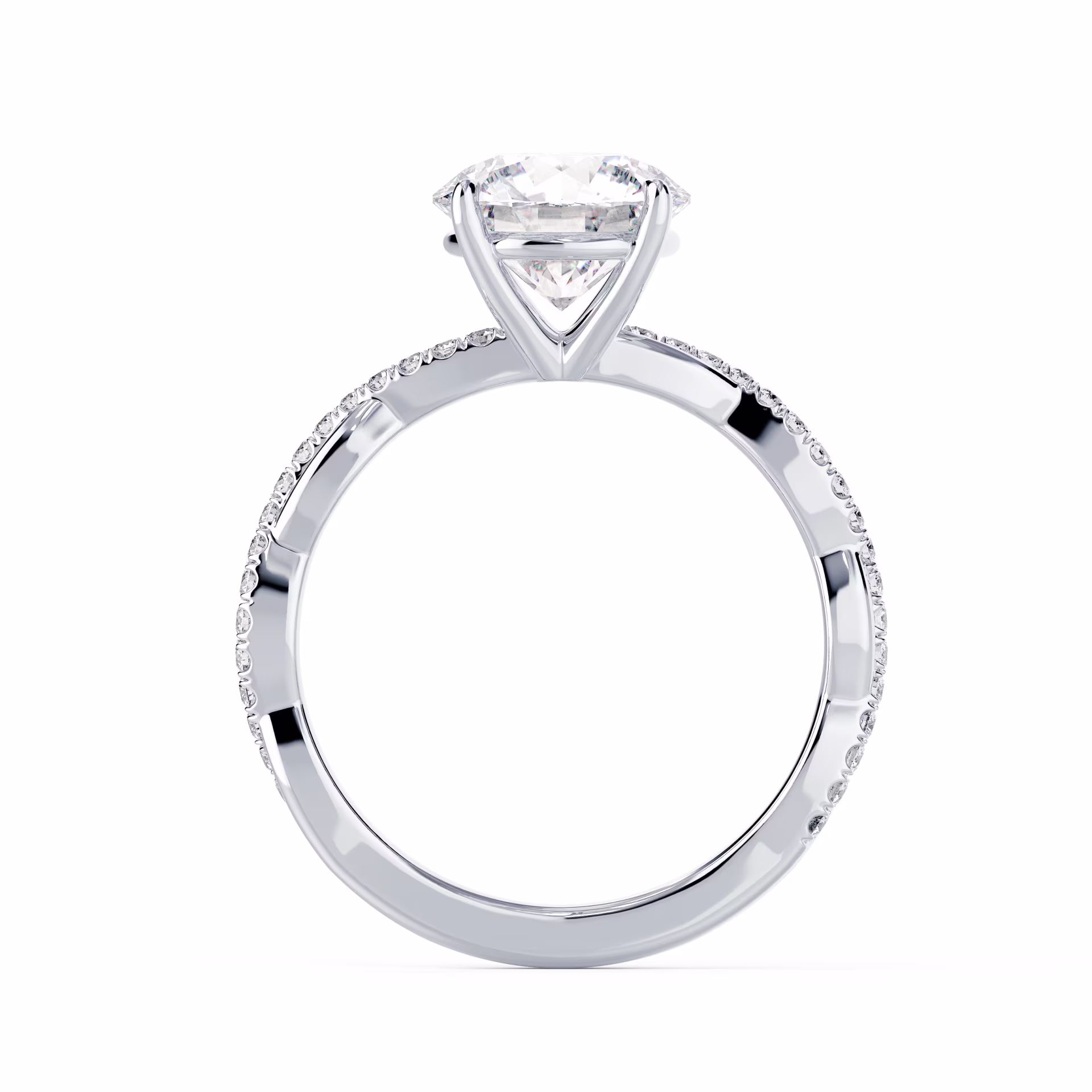 White Gold Infinity Twist Diamond Engagement Ring featuring Hand Selected Lab Diamonds (Profile View)