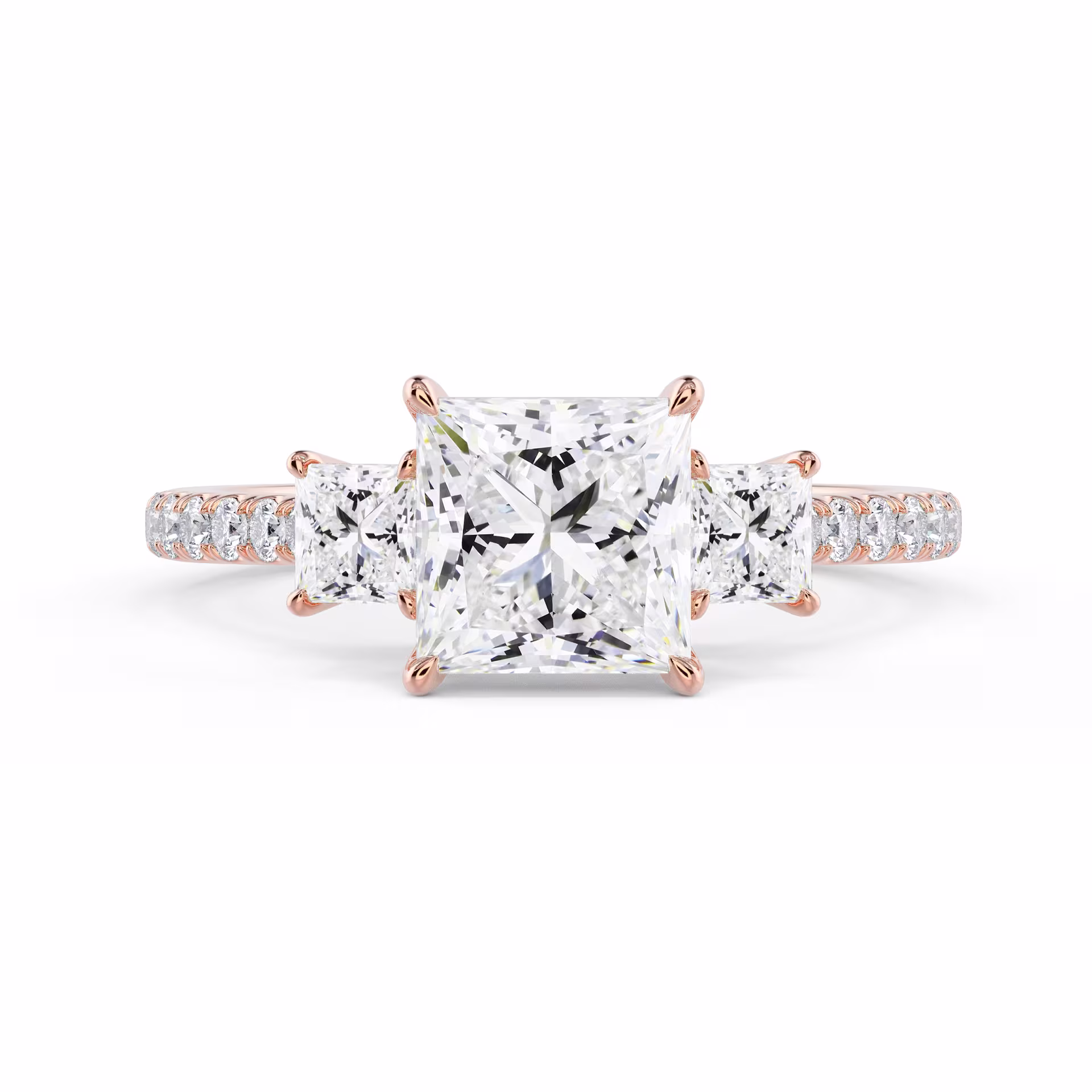 Diamonds set in Rose Gold Princess Three Stone Pavé Setting (Main View)