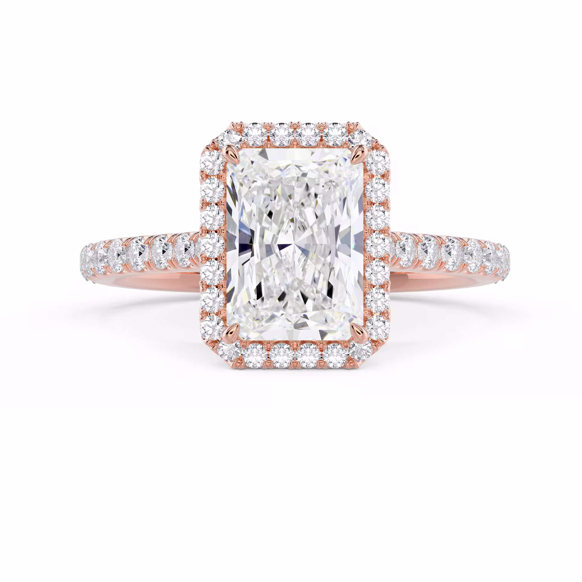 Rose Gold Radiant Halo Pavé Diamond Engagement Ring featuring Lab Diamonds (Main View)