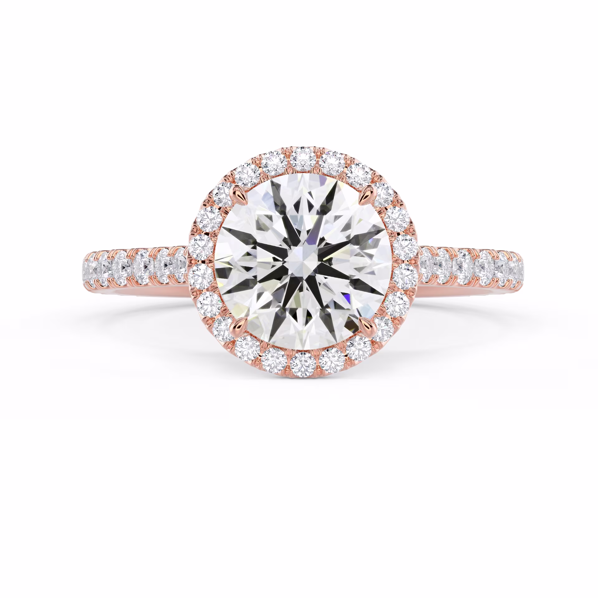 Rose Gold Round Halo Pavé Diamond Engagement Ring featuring Hand Selected Diamonds (Main View)