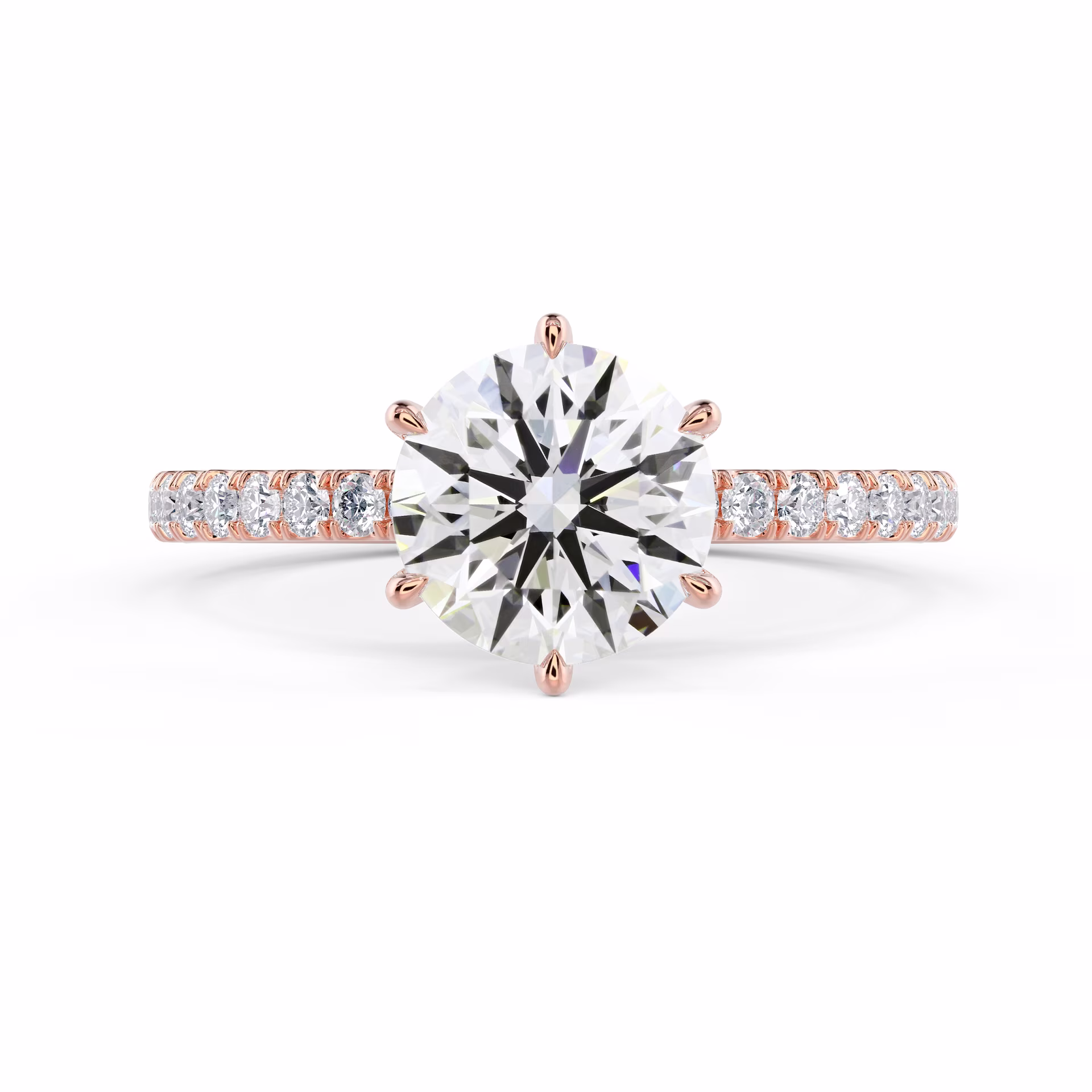 Exceptional Quality Man Made Diamonds set in Rose Gold Round Six Prong Pavé Diamond Engagement Ring (Main View)