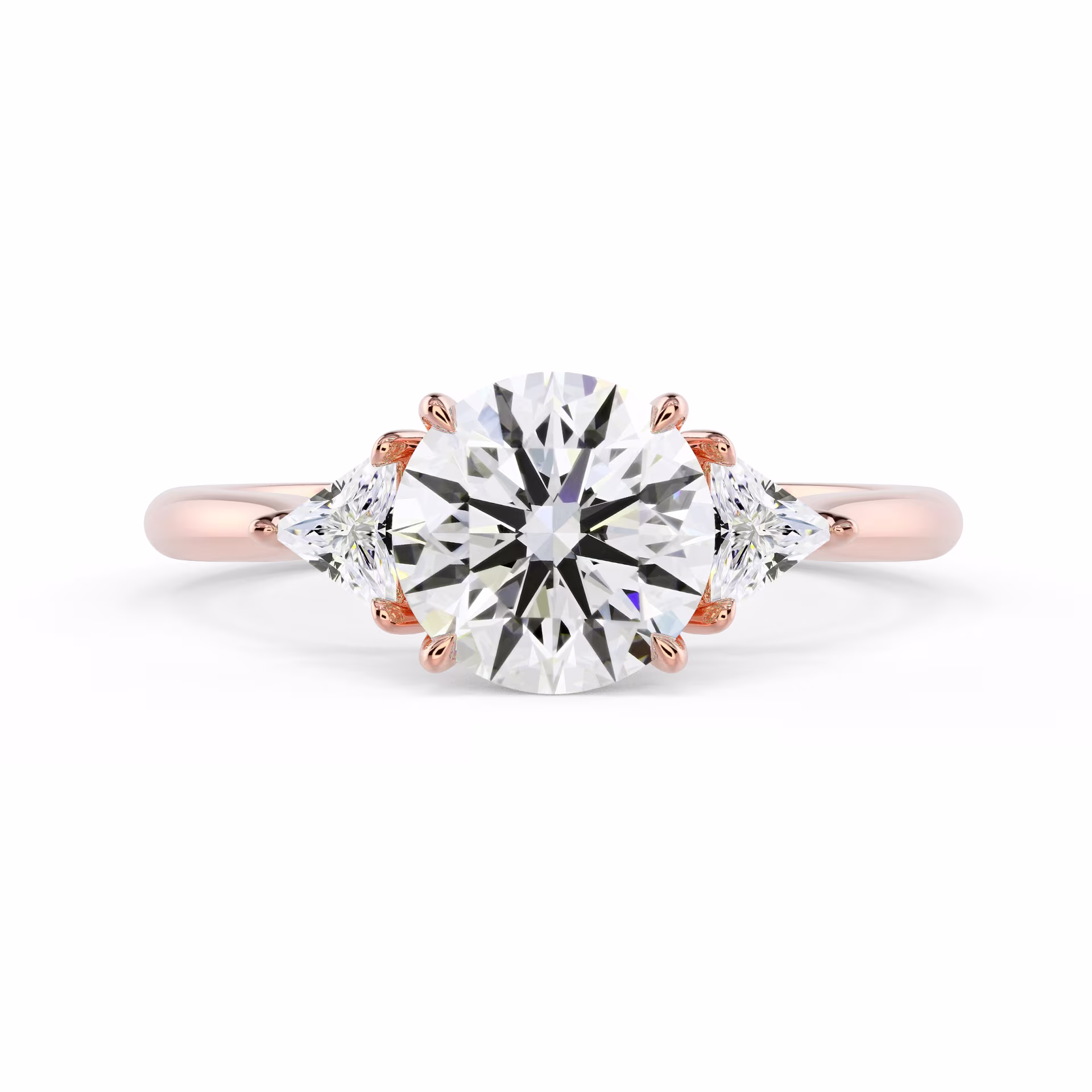 Synthetic Diamonds set in Rose Gold Round and Trillion Diamond Engagement Ring (Main View)