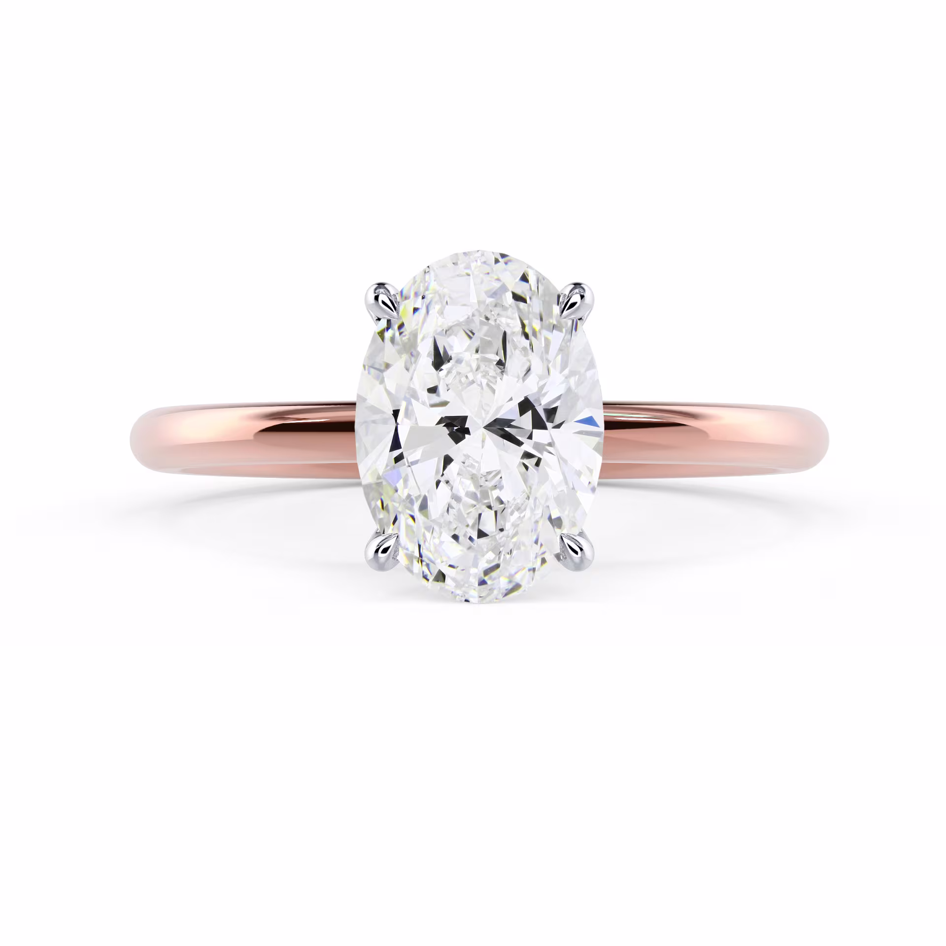 High Quality Man Made Diamonds set in Rose Gold Oval Classic Four Prong Solitaire Diamond Engagement Ring (Main View)