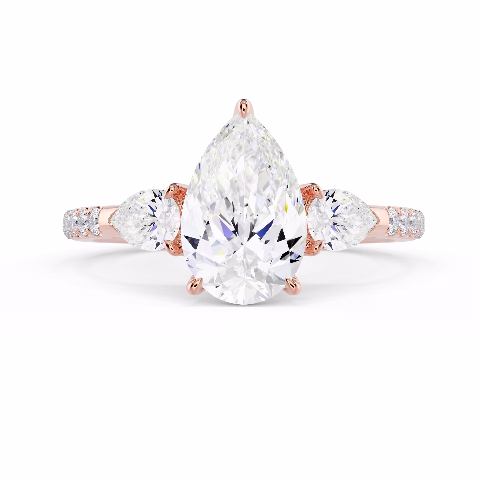 Rose Gold Pear Three Stone Pavé Diamond Engagement Ring featuring Diamonds (Main View)
