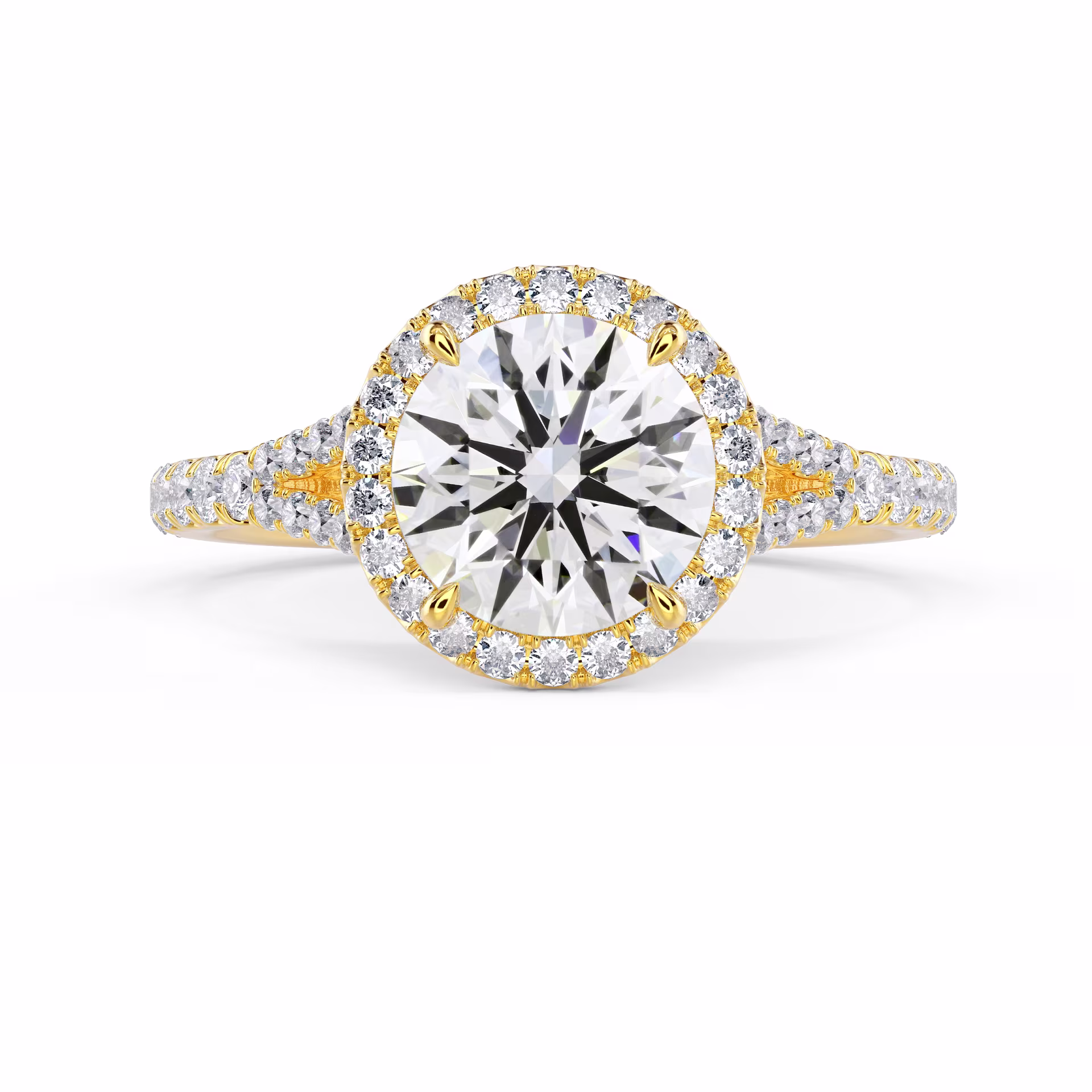 Yellow Gold Single Halo Split Shank Setting featuring High Quality Lab Diamonds (Main View)
