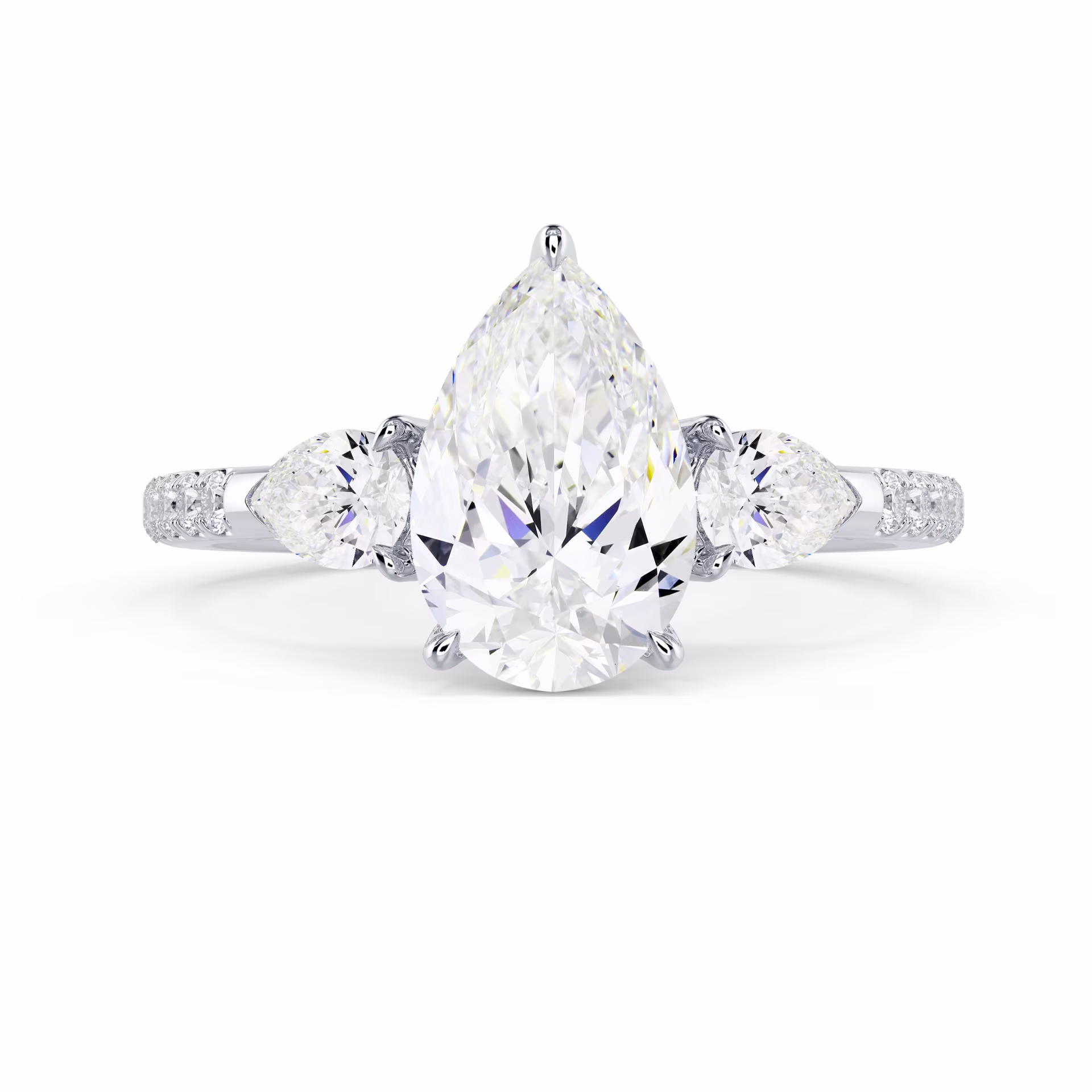 High Quality Synthetic Diamonds Pear Three Stone Pavé Setting in White Gold (Main View)