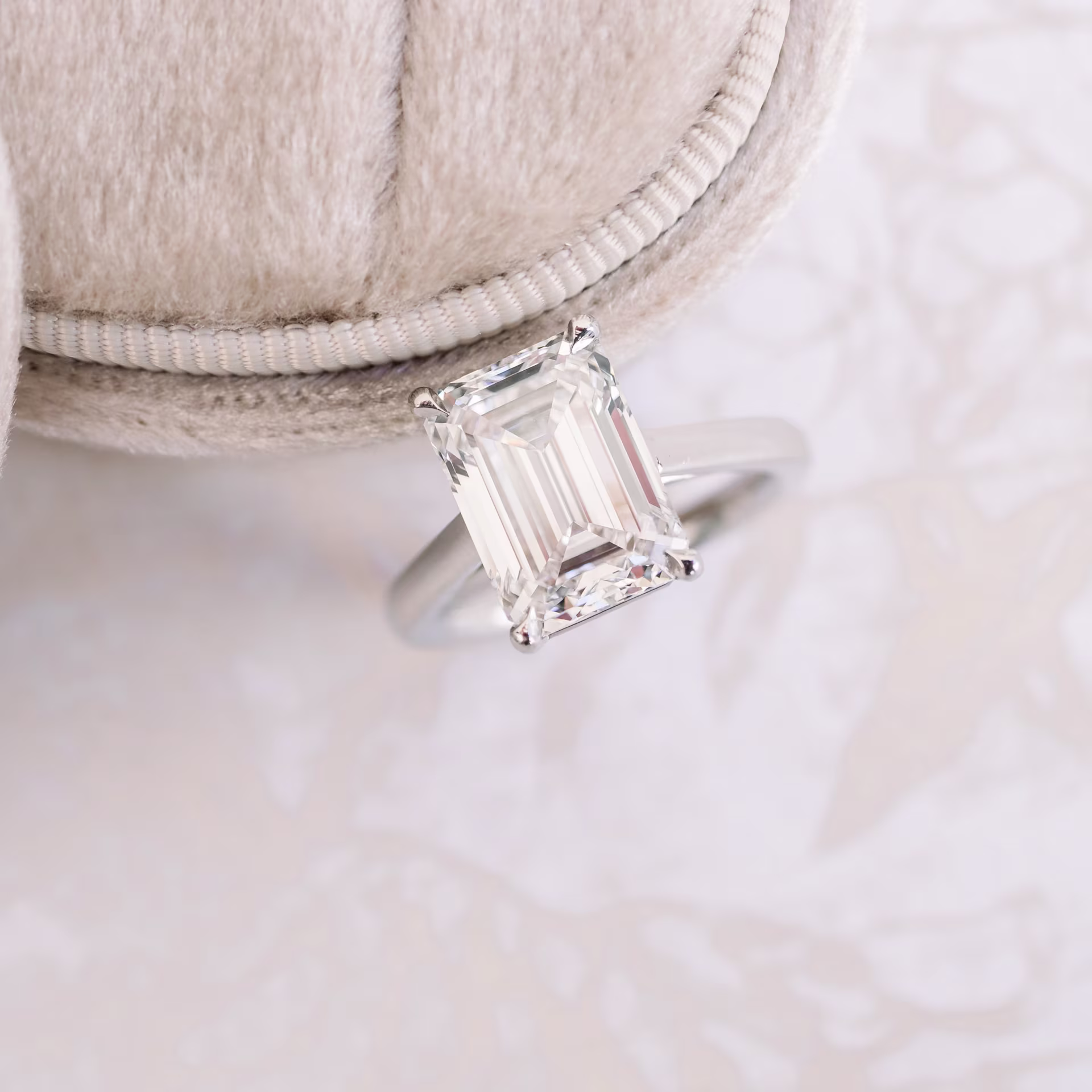 5.0 ct Created Diamonds set in Platinum Emerald Cathedral Solitaire Diamond Engagement Ring (Main View)