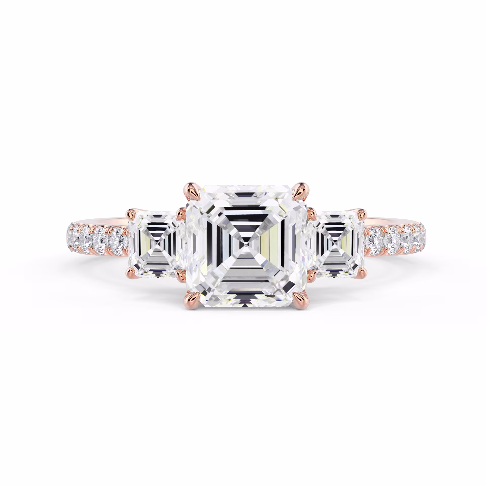 Lab Diamonds Asscher Three Stone Pavé Setting in Rose Gold (Main View)