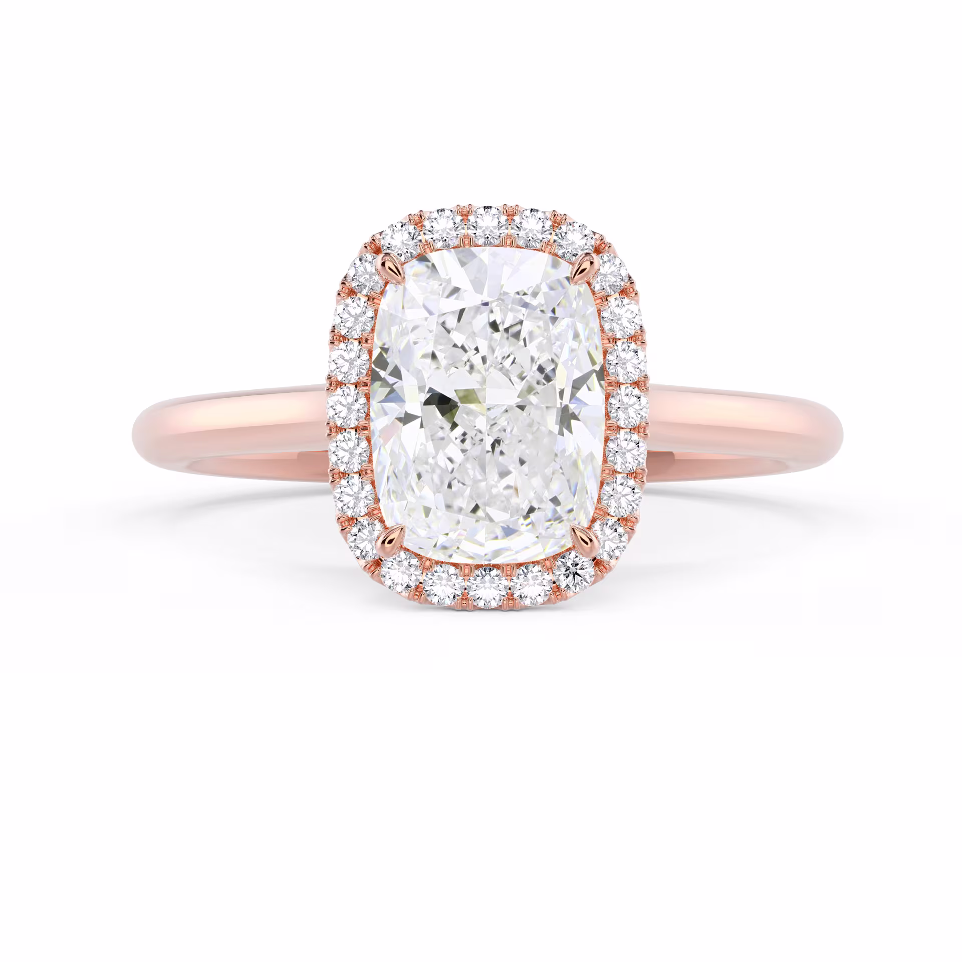 Rose Gold Cushion Single Halo Diamond Engagement Ring featuring High Quality Created Diamonds (Main View)