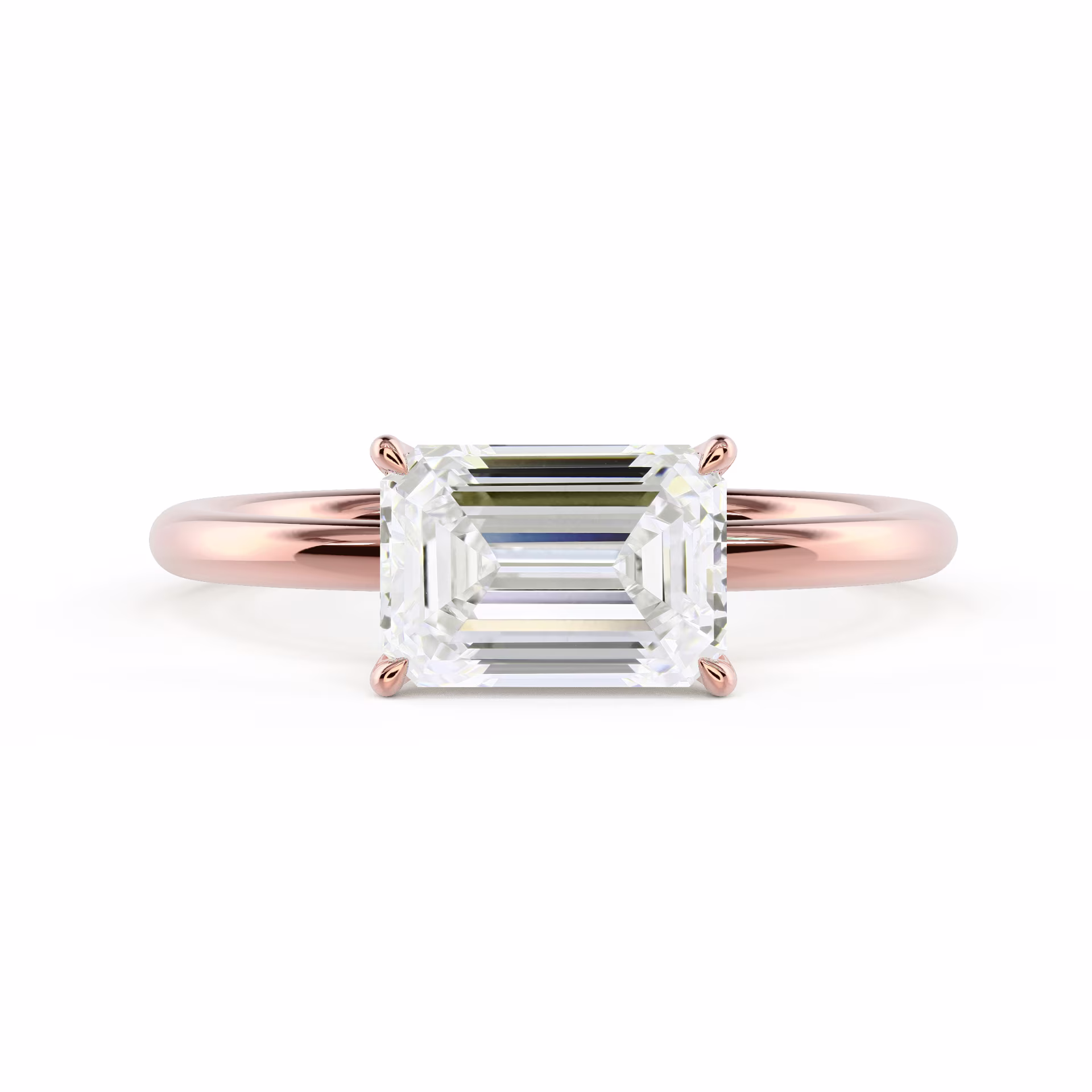 Exceptional Quality Lab Diamonds Emerald East-West Solitaire Diamond Engagement Ring in Rose Gold (Main View)