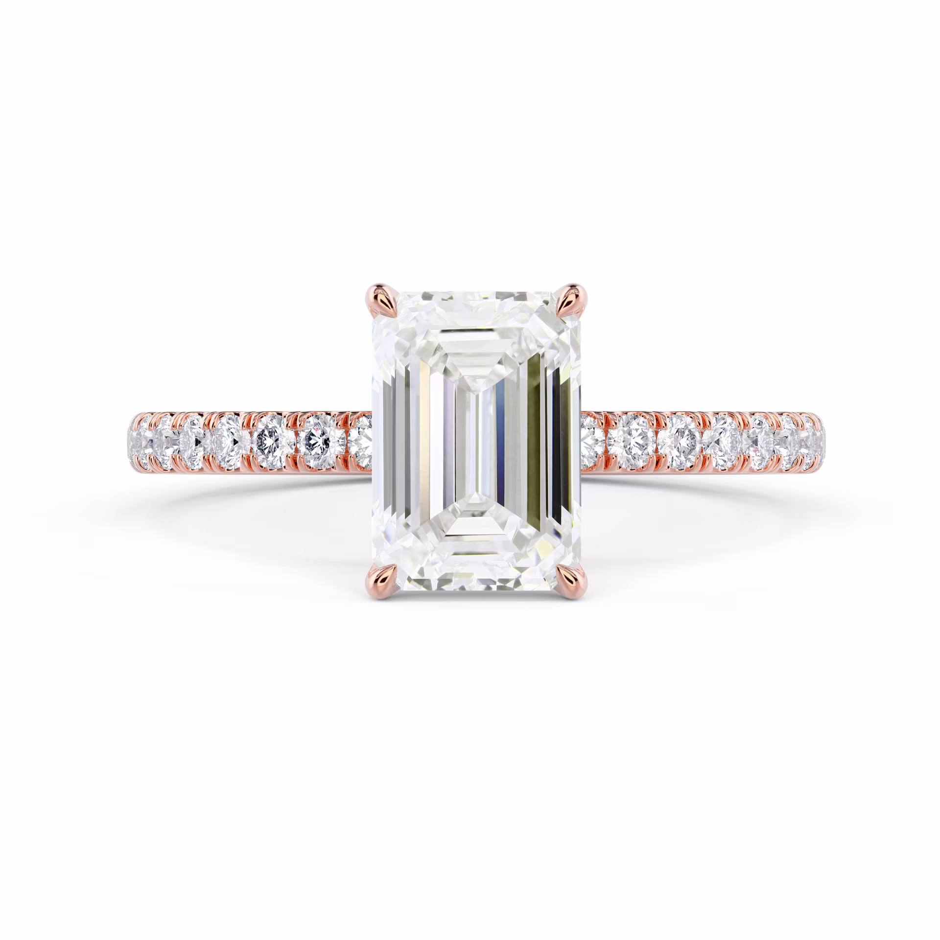 Rose Gold Emerald Petite Four Prong Pavé Diamond Engagement Ring featuring Lab Created Diamonds (Main View)
