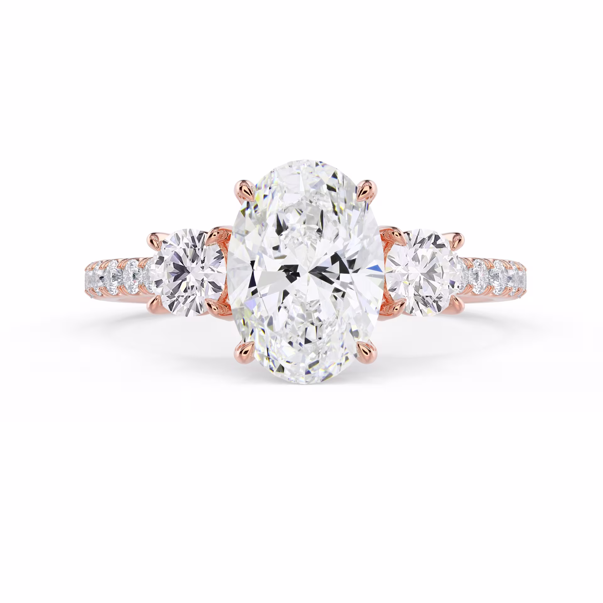 Diamonds Oval Three Stone Pavé Diamond Engagement Ring in Rose Gold (Main View)