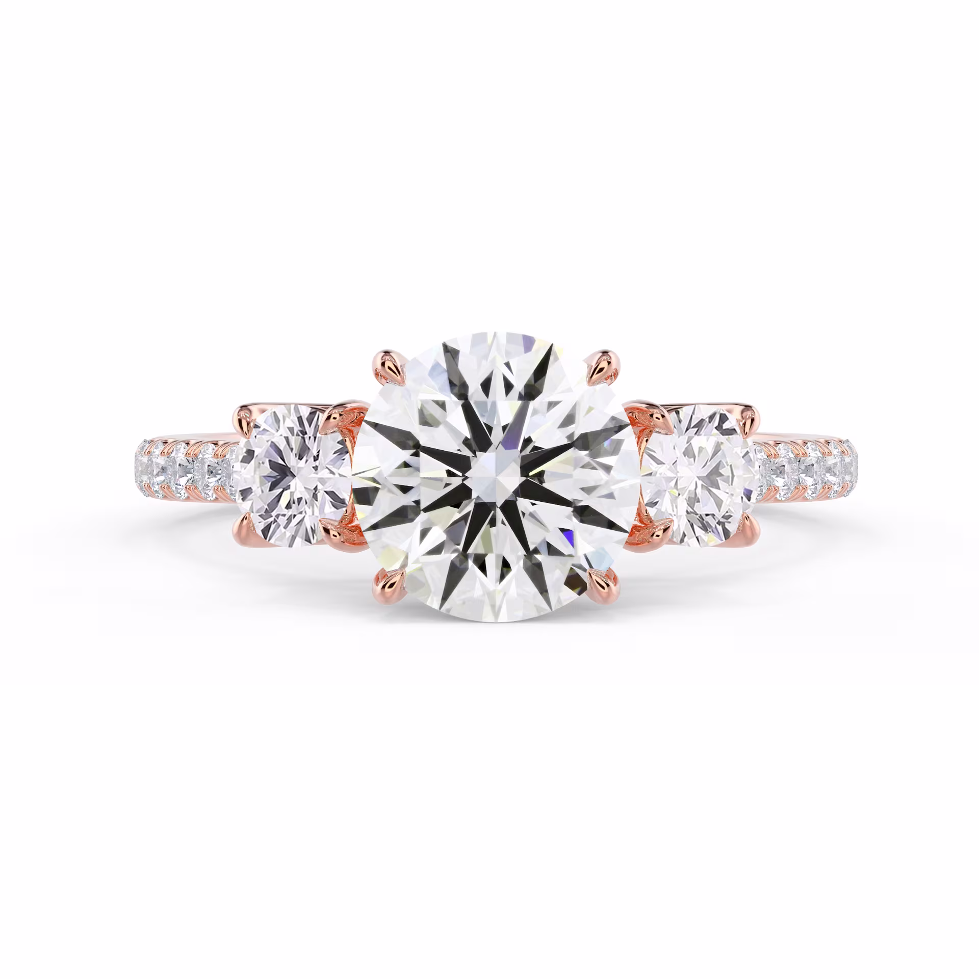 Man Made Diamonds set in Rose Gold Round Three Stone Pavé Setting (Main View)