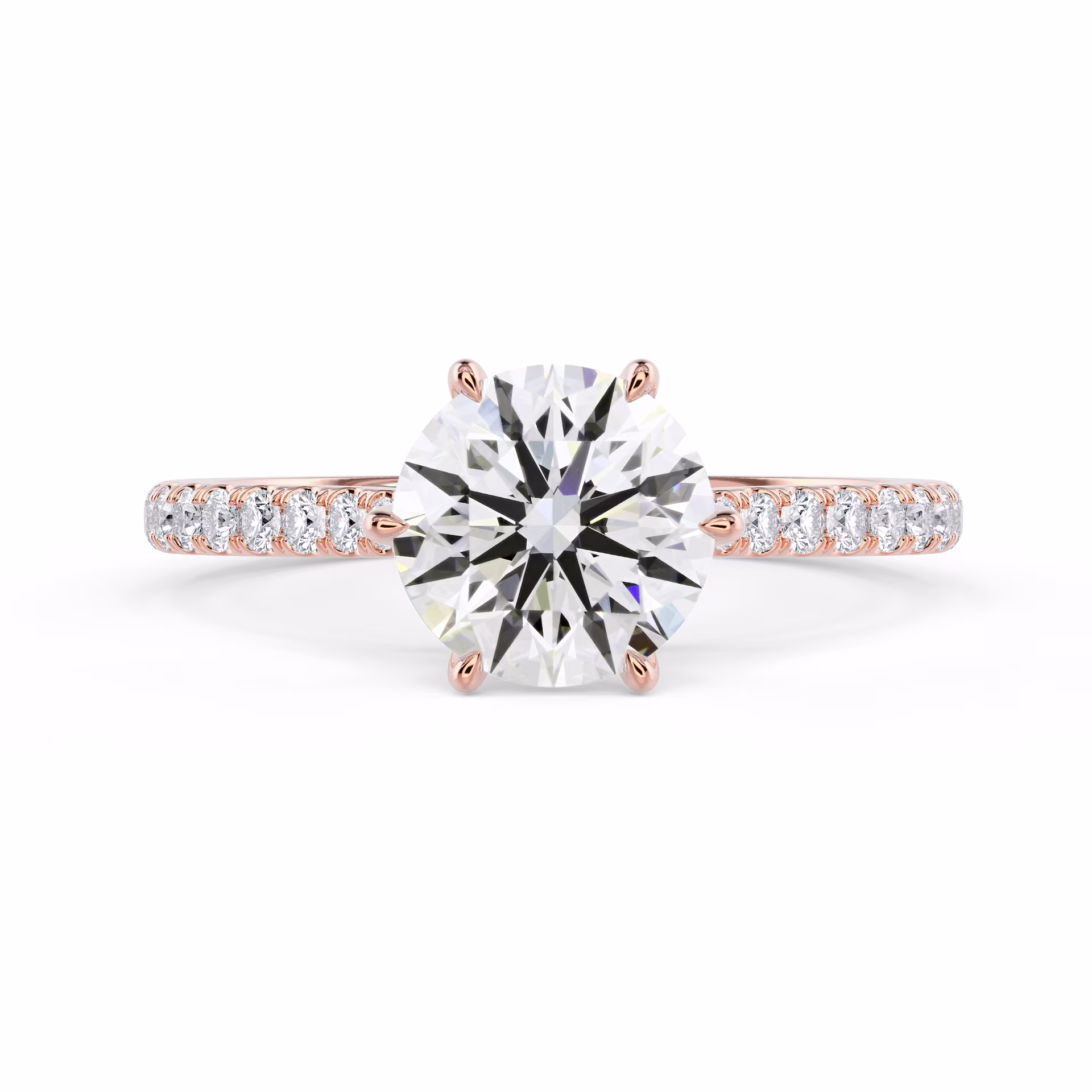 Rose Gold Round Trellis Six Prong Pavé Diamond Engagement Ring featuring Hand Selected Lab Diamonds (Main View)