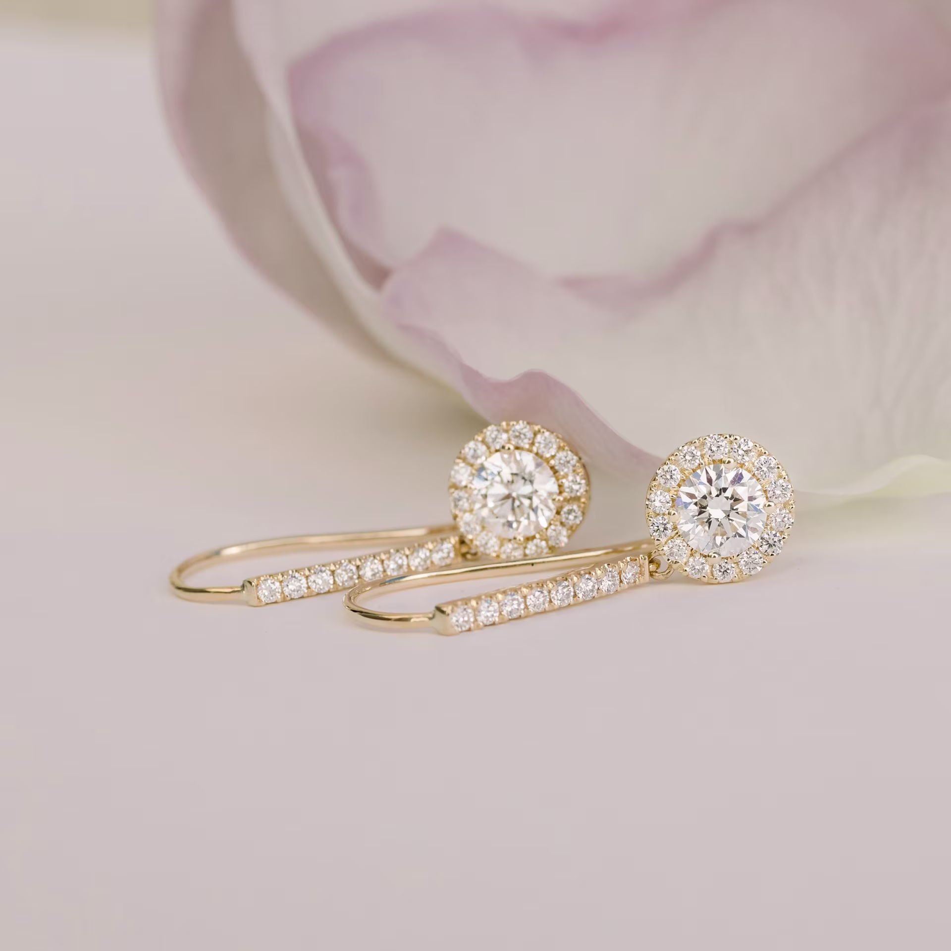 Yellow Gold Heavenly Single Halo Drop Earrings featuring Round Lab Diamonds (Main View)