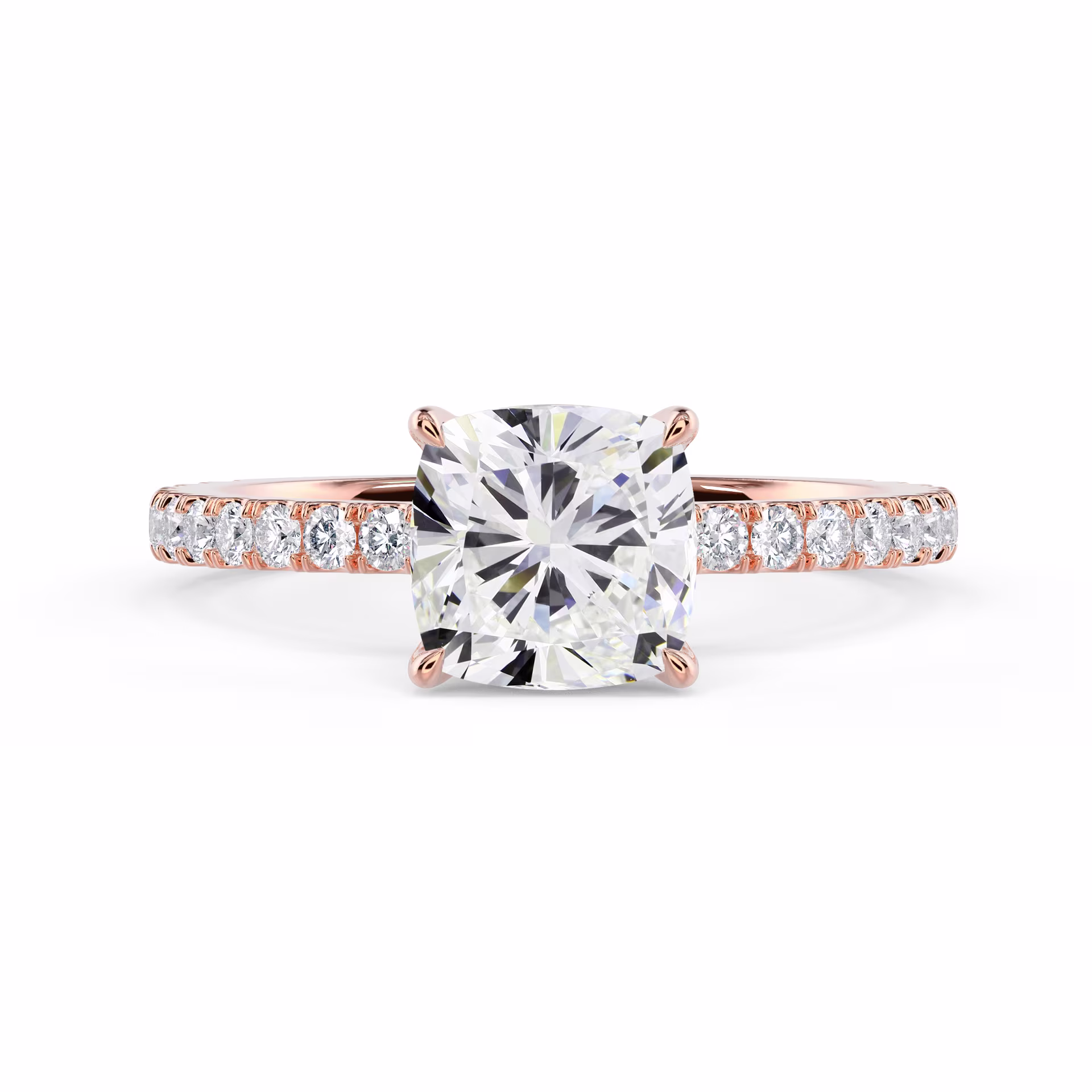 Rose Gold Cushion Petite Four Prong Pavé Setting featuring Lab Grown Diamonds (Main View)