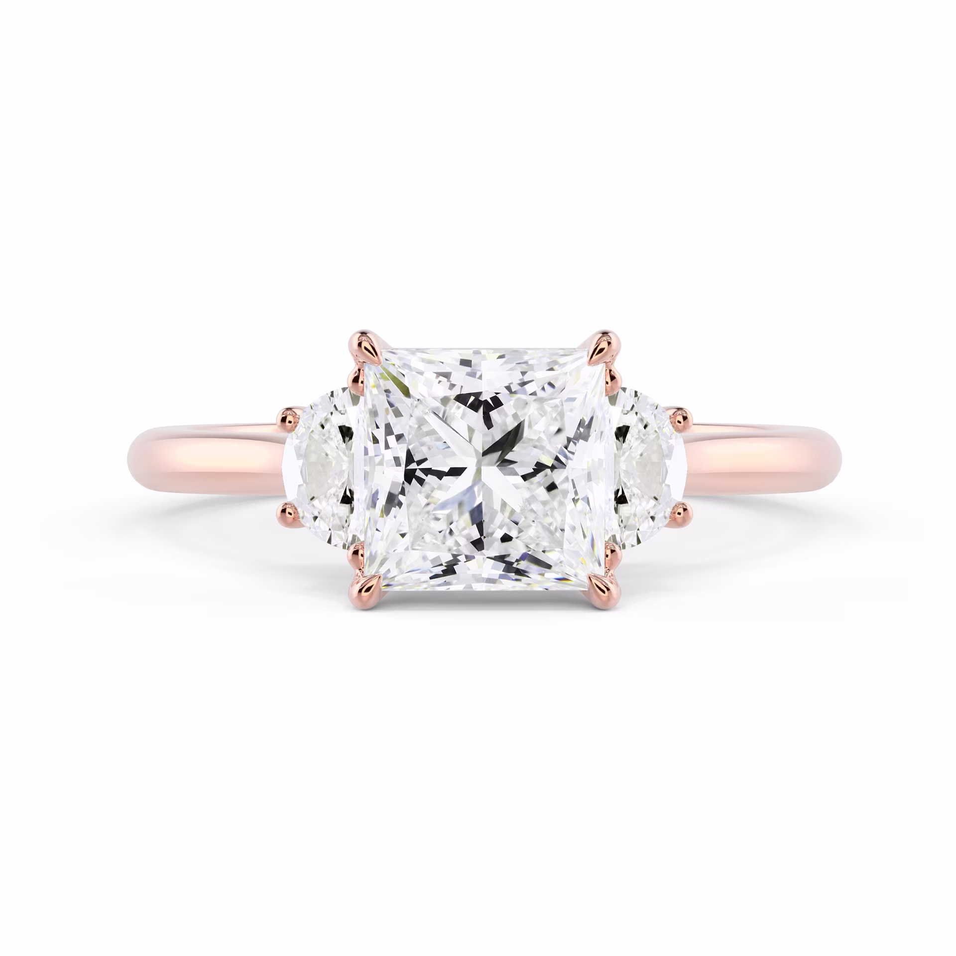 High Quality Lab Diamonds Princess and Half Moon Diamond Engagement Ring in Rose Gold (Main View)