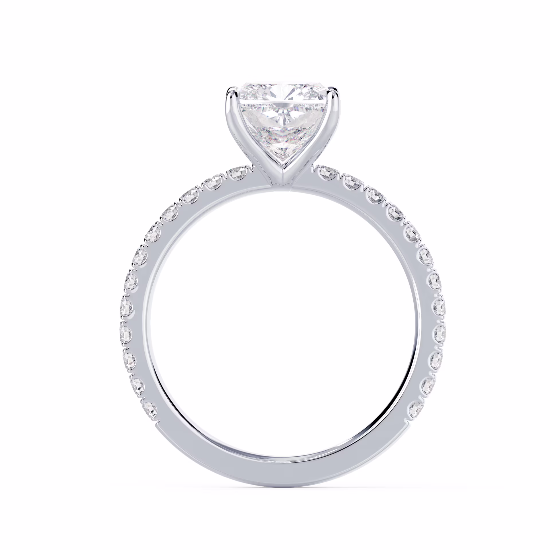 White Gold Cushion Classic Four Prong Pavé Diamond Engagement Ring featuring Hand Selected Lab Created Diamonds (Profile View)