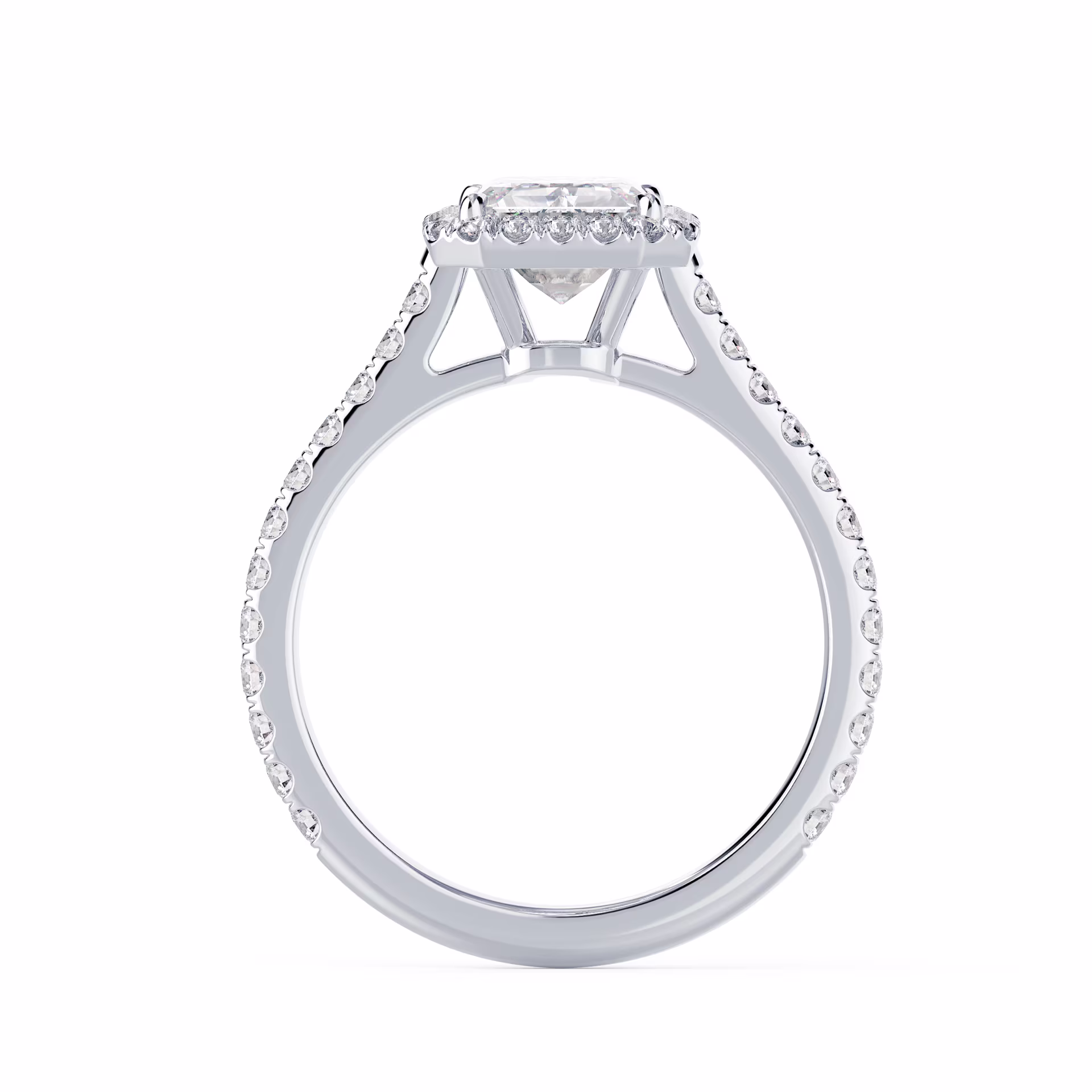 High Quality Synthetic Diamonds set in White Gold Emerald Halo Pavé Diamond Engagement Ring (Profile View)