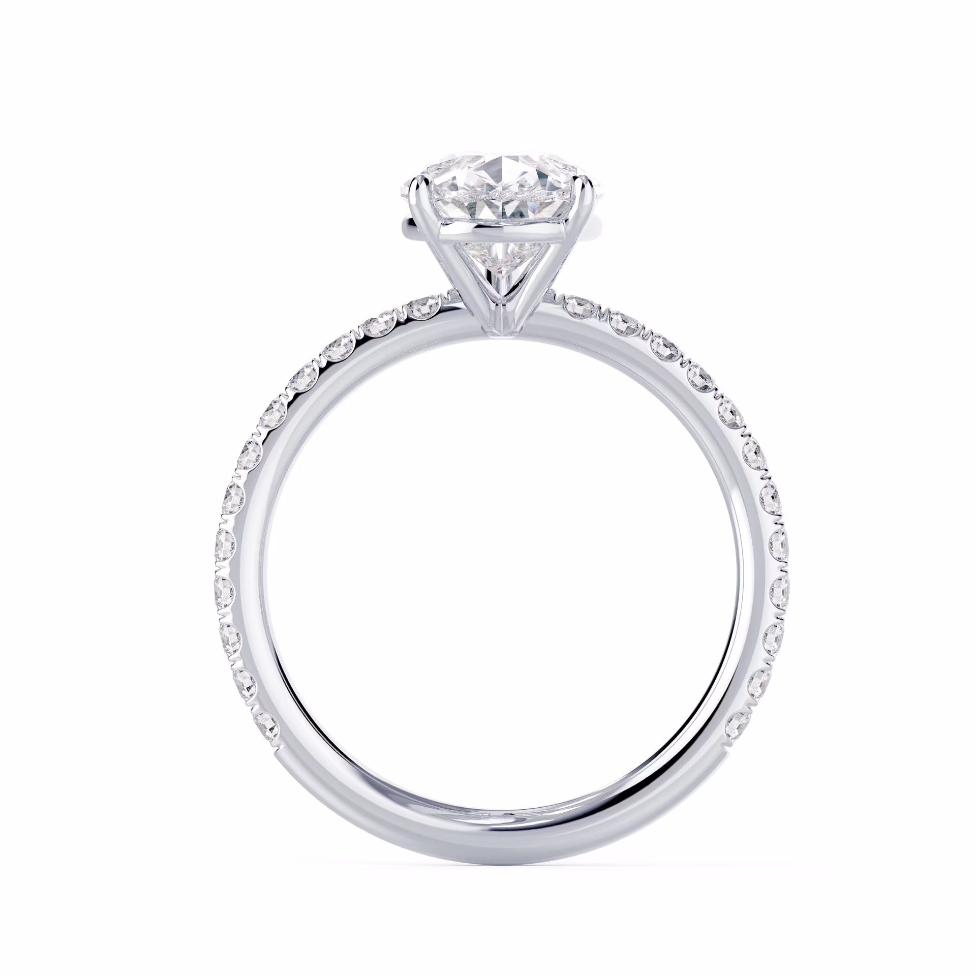 Synthetic Diamonds Pear Petite Pavé Diamond Engagement Ring in White Gold (Profile View)