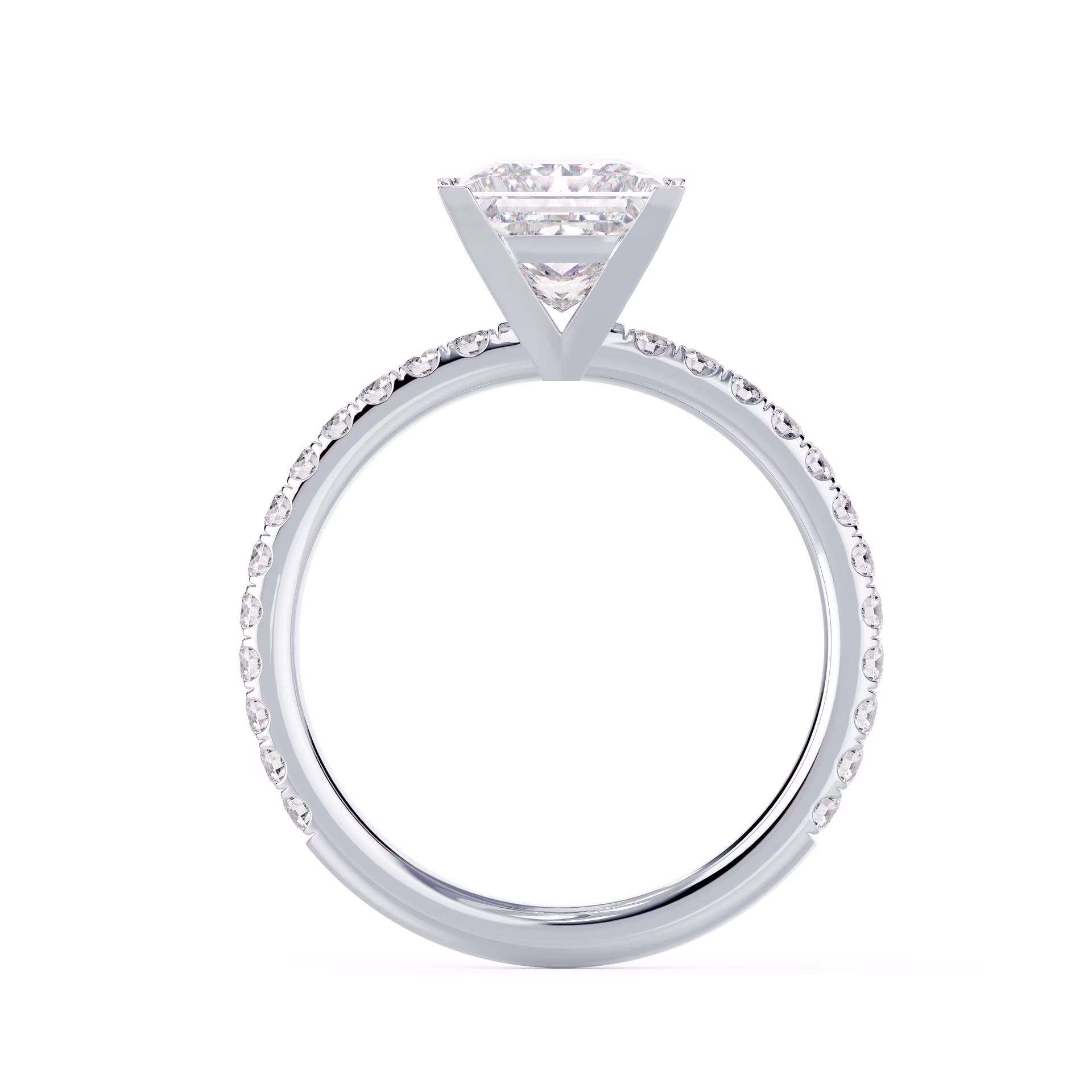 White Gold Princess Petite Four Prong Pavé Setting featuring High Quality Lab Grown Diamonds (Profile View)