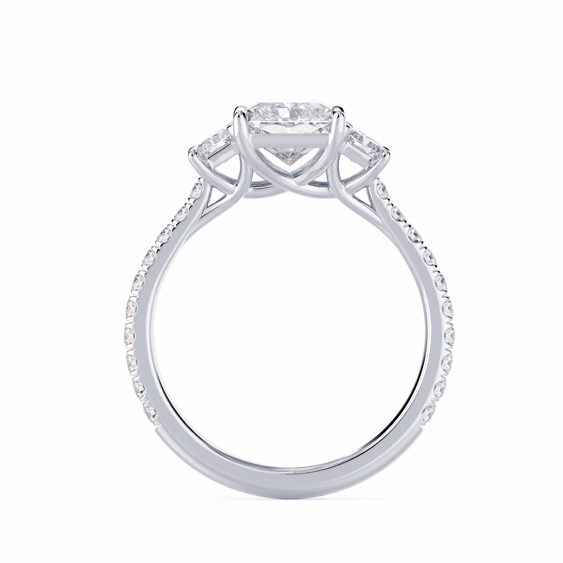 Diamonds Radiant Three Stone Pavé Setting in White Gold (Profile View)