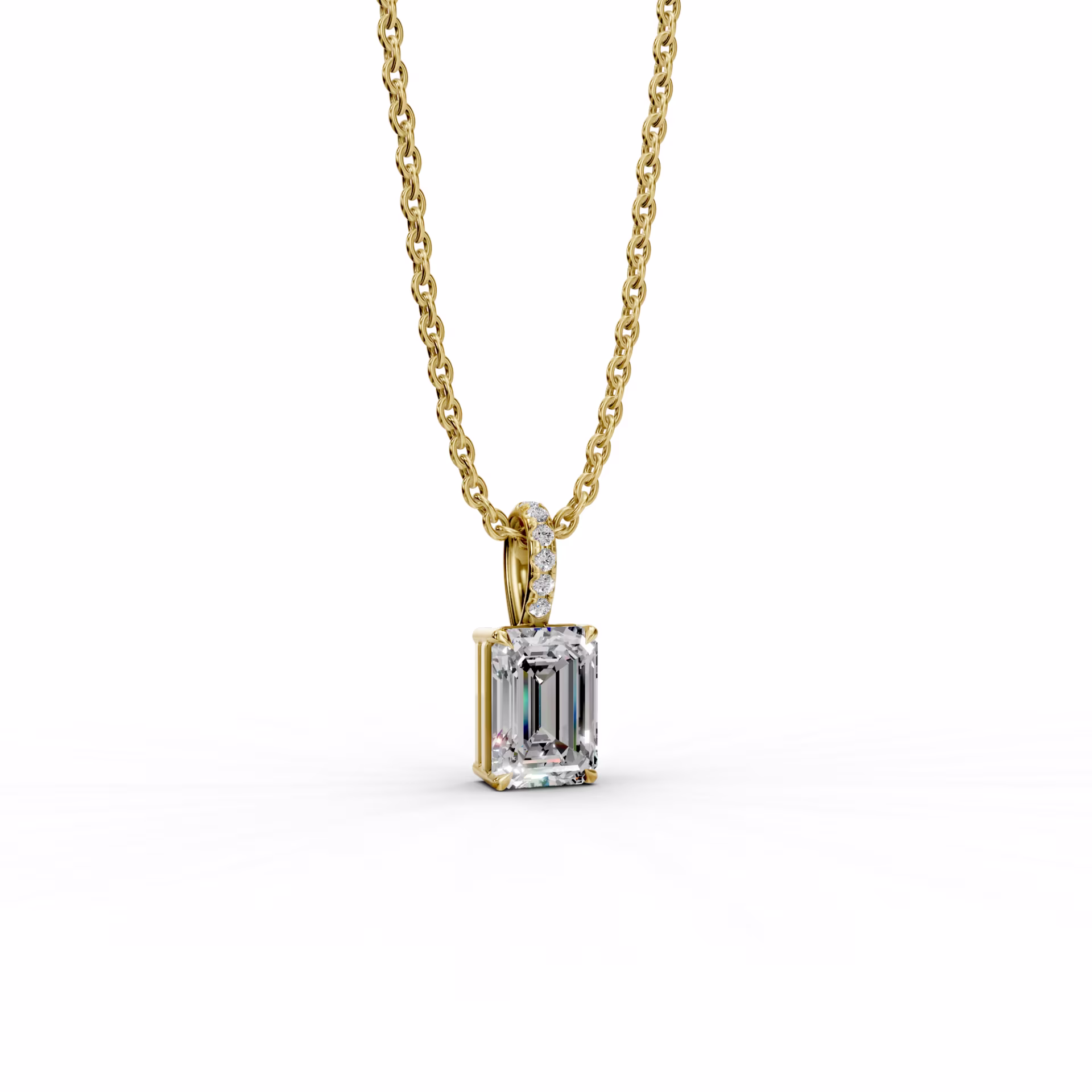 14k Yellow Gold Classic Emerald Pendant with Pave Bail featuring 1.55 ct Lab Diamonds (Side View)