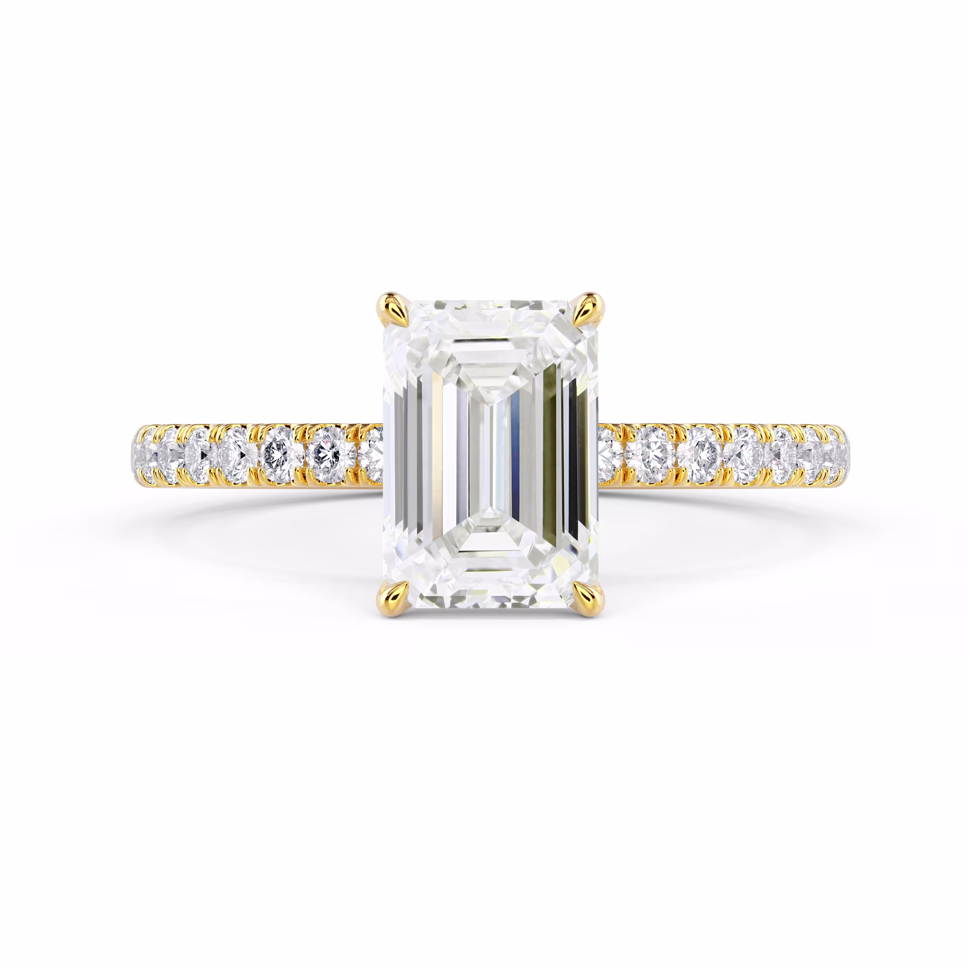 Synthetic Diamonds set in Yellow Gold Emerald Petite Four Prong Pavé Diamond Engagement Ring (Main View)
